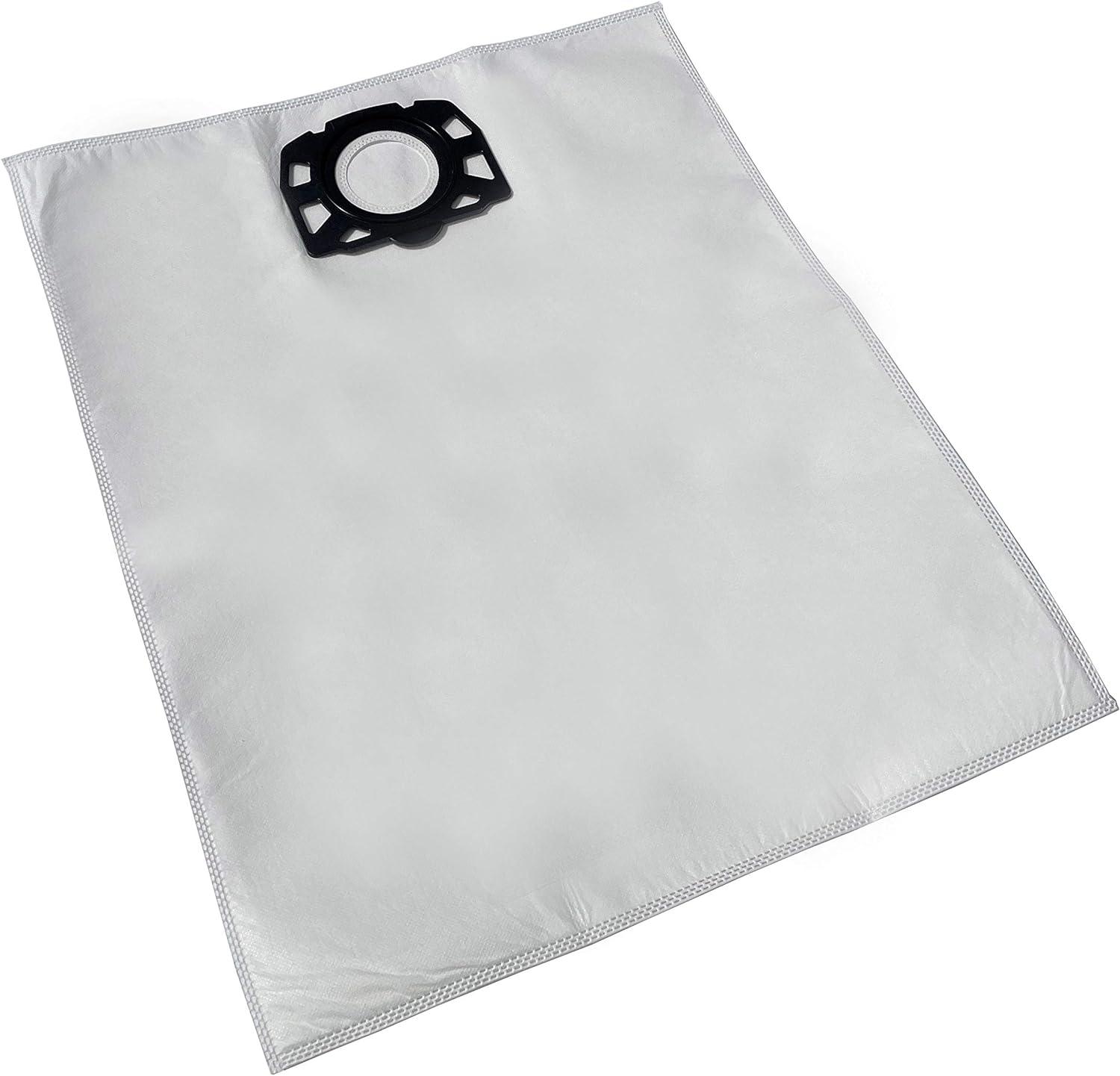 Biały worek do odkurzacza. Czarny plastikowy pierścień. Białe tło.