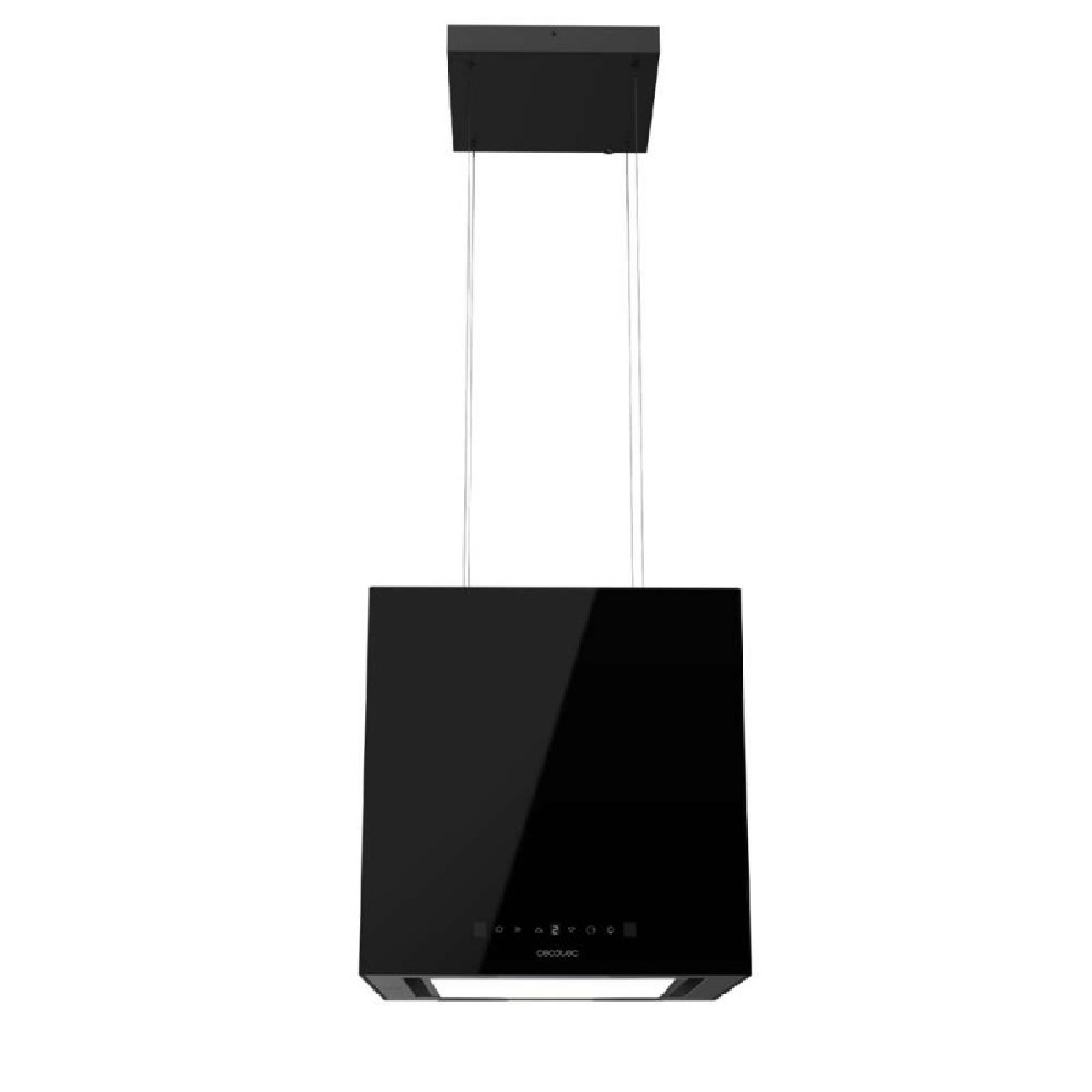 Cappa quadrata nera appesa al soffitto, superficie lucida, design moderno.