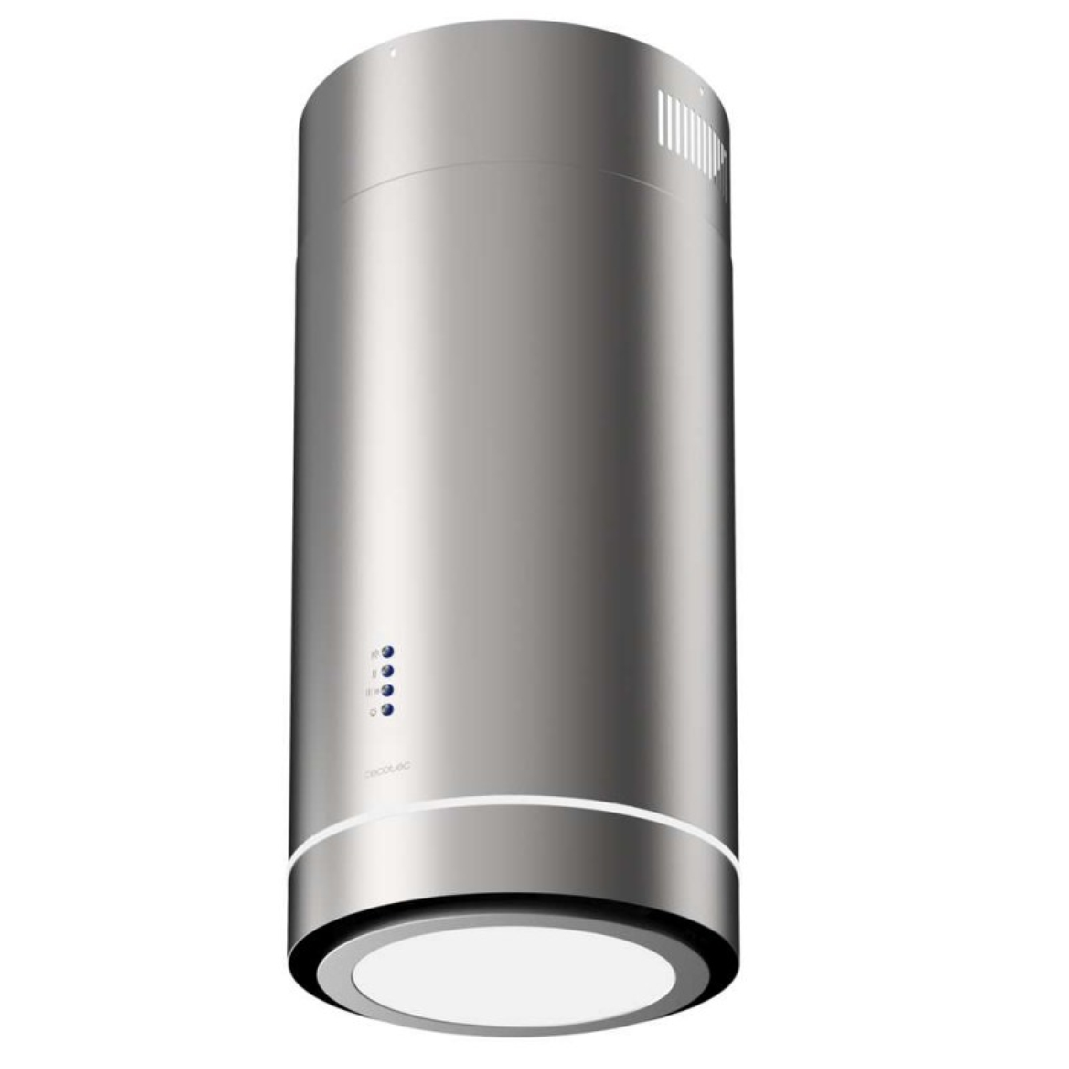 Campana de cocina cilíndrica plateada con luz brillante en la parte inferior.