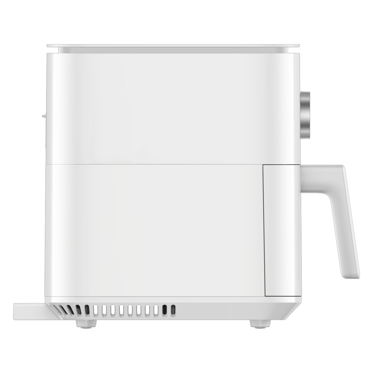 Biała frytkownica powietrzna. Widok z boku pokazuje jej kształt i uchwyt. Posiada szufladę.