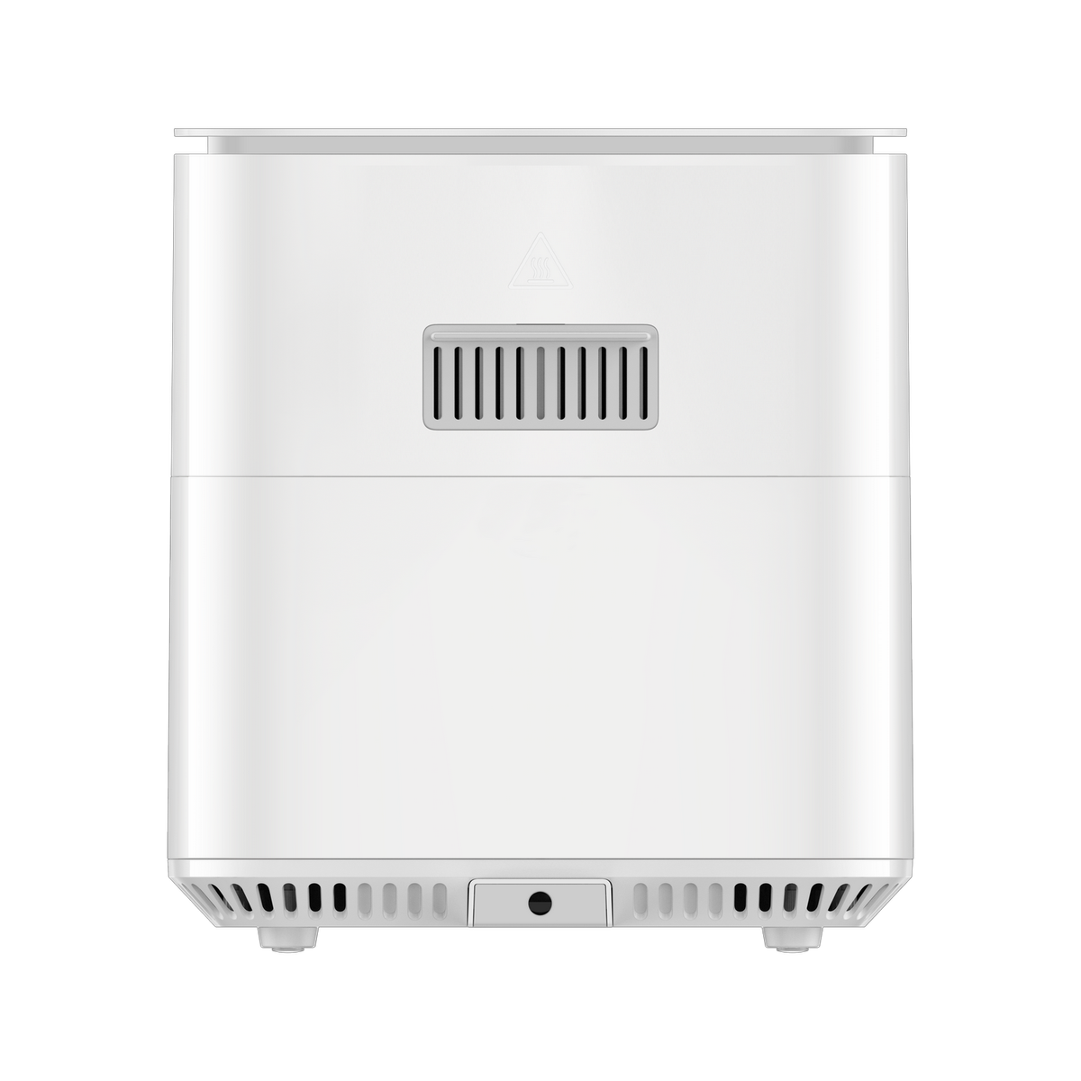 Biała frytkownica powietrzna z otworem wentylacyjnym i uchwytem na górze. Spód ma otwory powietrzne.