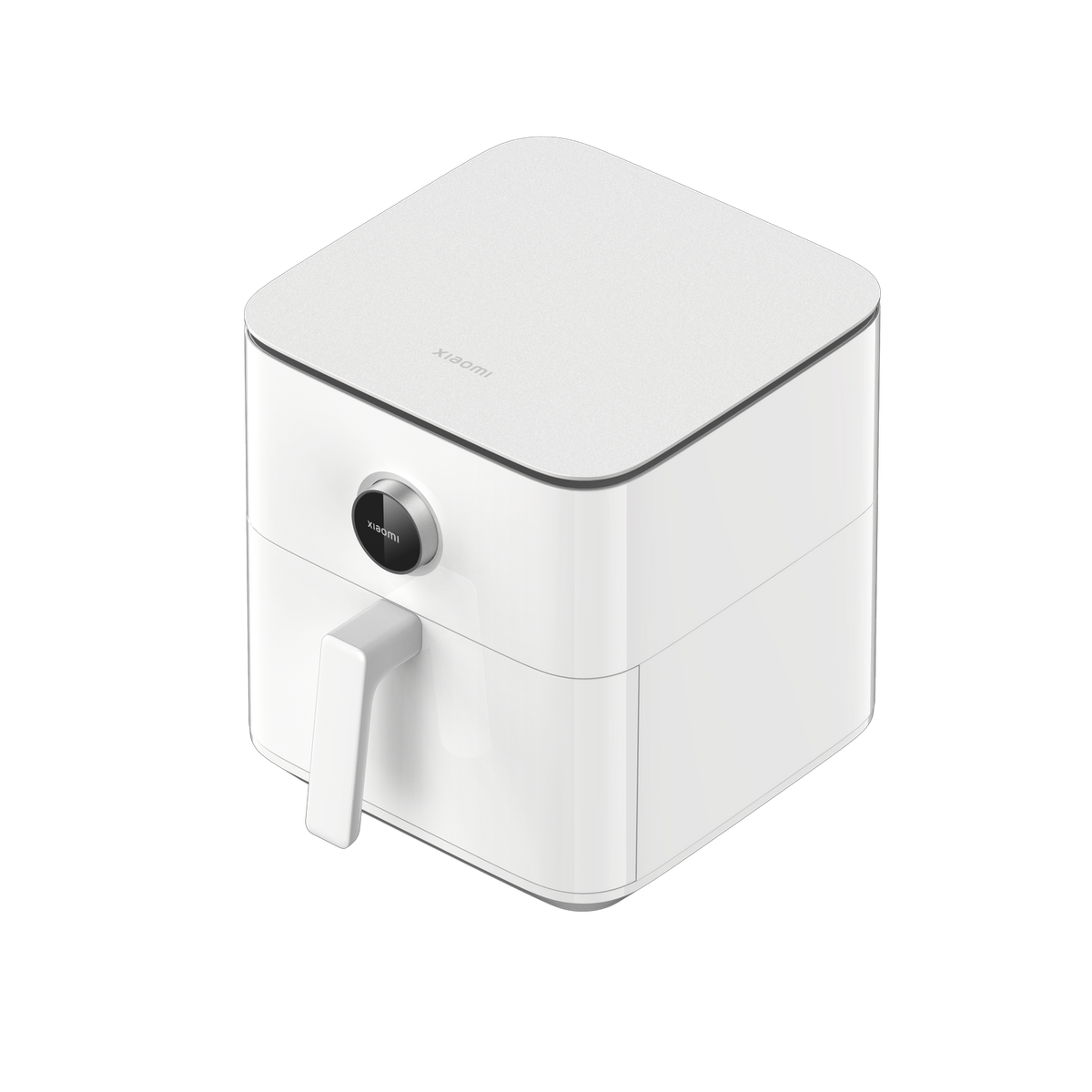 Biała frytkownica powietrzna z czarnym uchwytem, przyciskiem i akcentami. Kwadratowy kształt z czarną pokrywą.