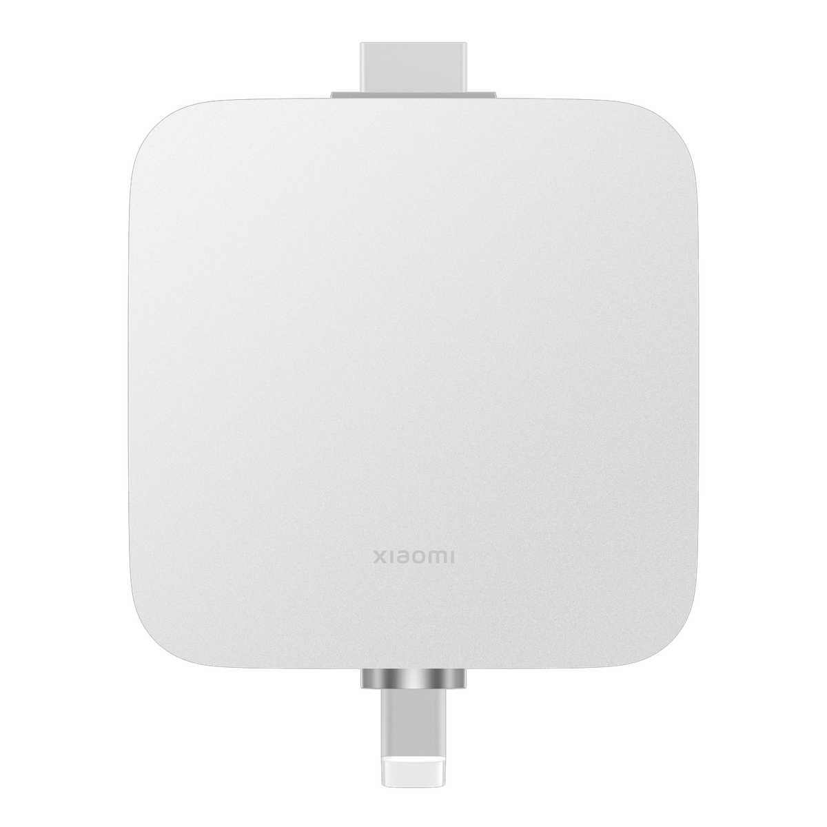 Biały adapter USB-C Xiaomi. Jest kwadratowy i ma logo Xiaomi.