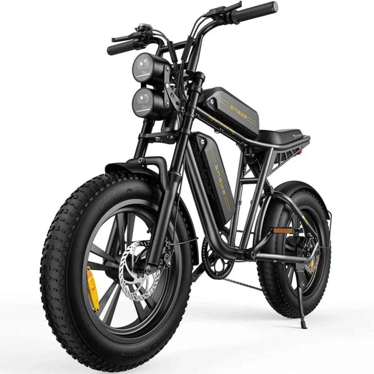 Bicicletta elettrica nera con due fari, pneumatici spessi e telaio nero.