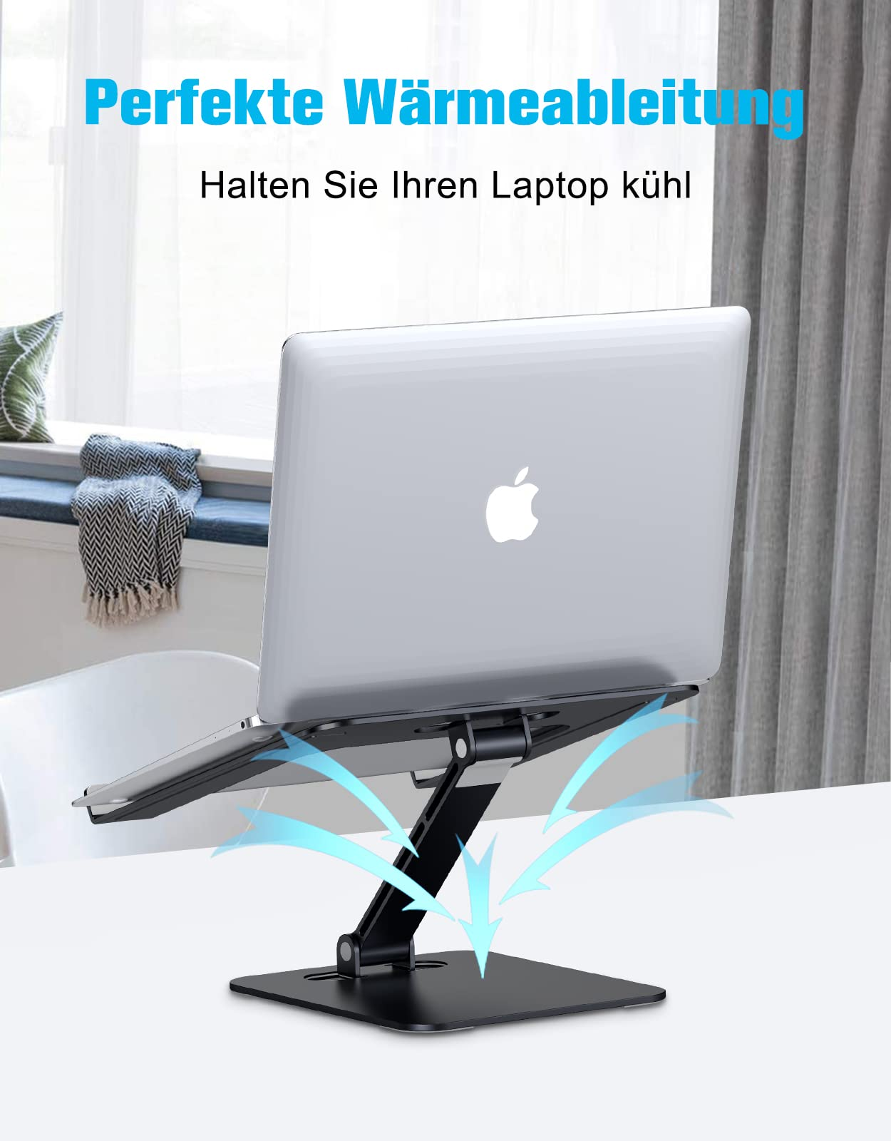 Laptop auf Ständer, blaue Luftstrompfeile, in hellem Raum.