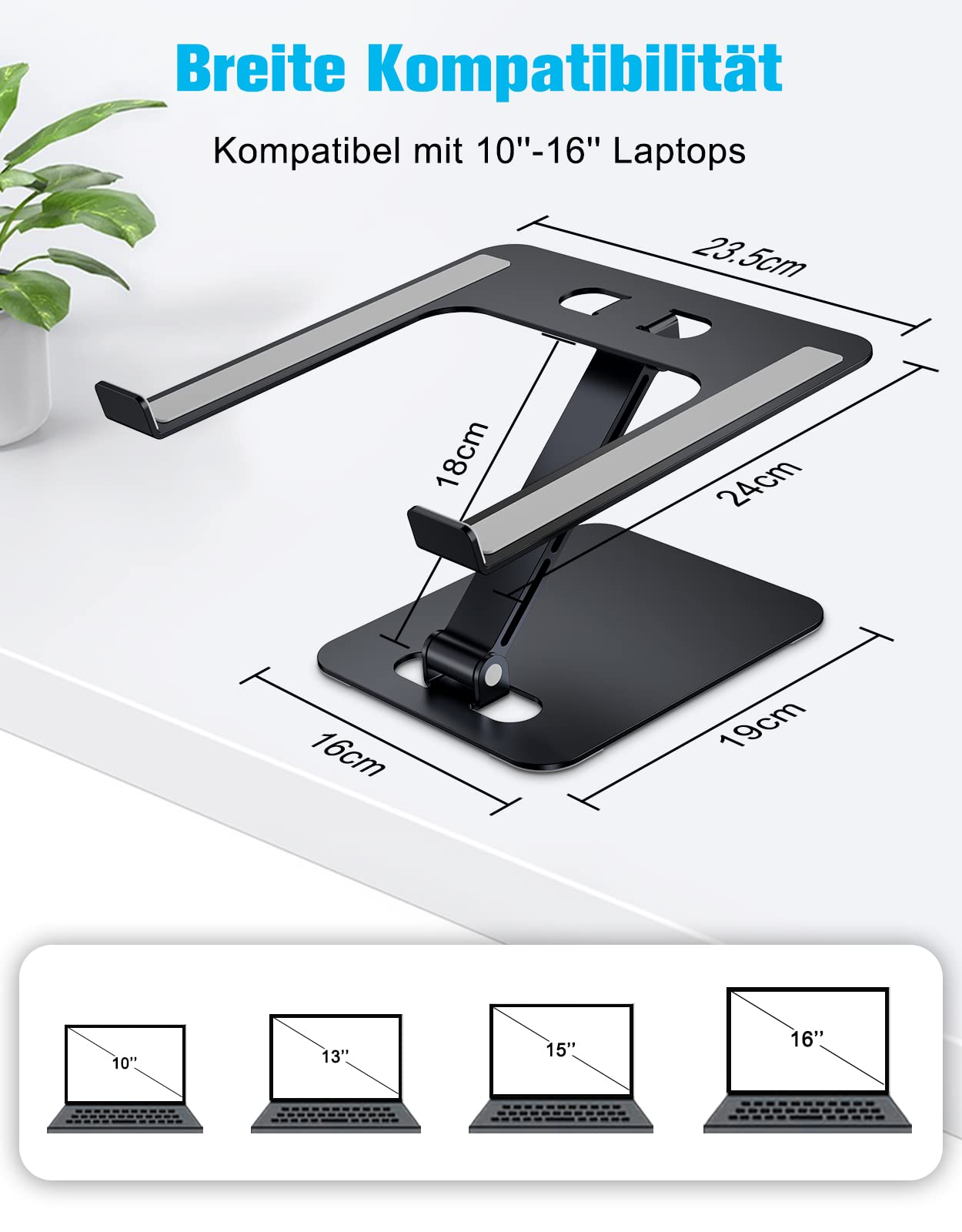 Schwarzer Laptopständer mit Abmessungen und Bildern kompatibler Laptops (10, 13, 15, 16 Zoll).