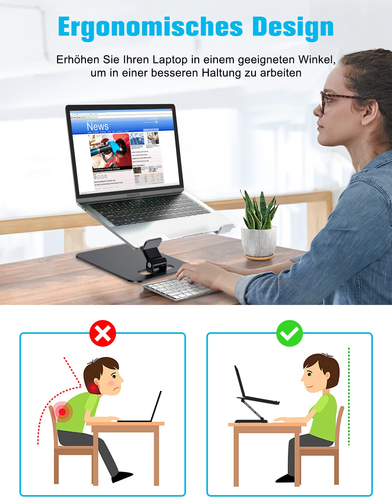 Frau arbeitet an Laptop auf einem Ständer. Diagramme für korrekte und inkorrekte Haltung.