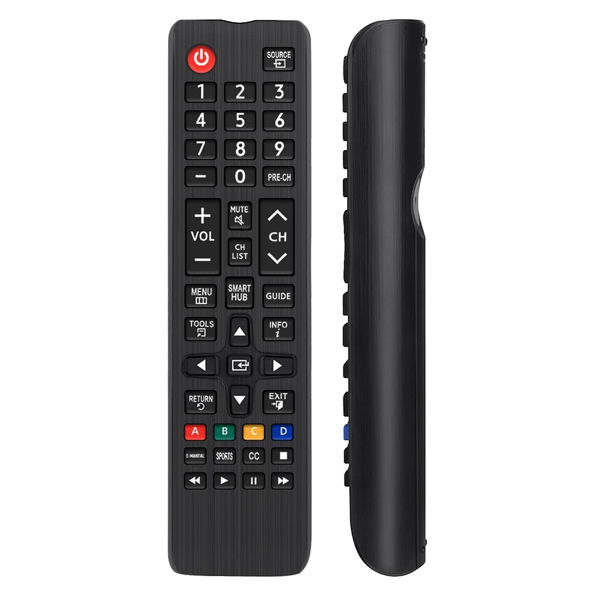 Zwei Ansichten einer schwarzen TV-Fernbedienung. Sie hat viele Tasten und ist vor weißem Hintergrund.