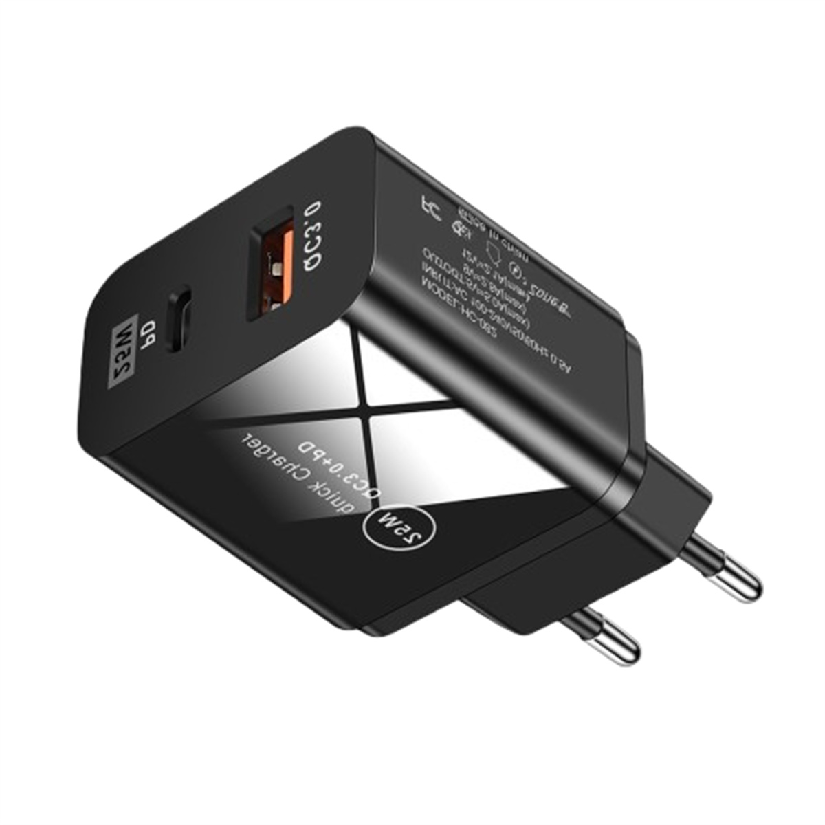 Schwarzes USB-Ladegerät mit 2 Pins. Text darauf: 'QC3.0' und '52W'.