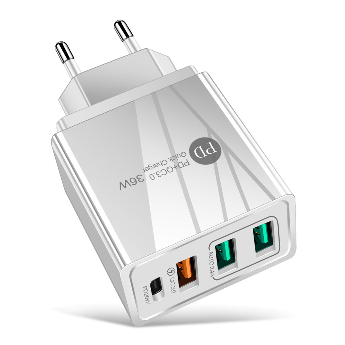Ein weißes Ladegerät mit zwei USB-Anschlüssen. Es hat eine PD+QC3.0 36W-Beschriftung. Der Stecker hat zwei Stifte.