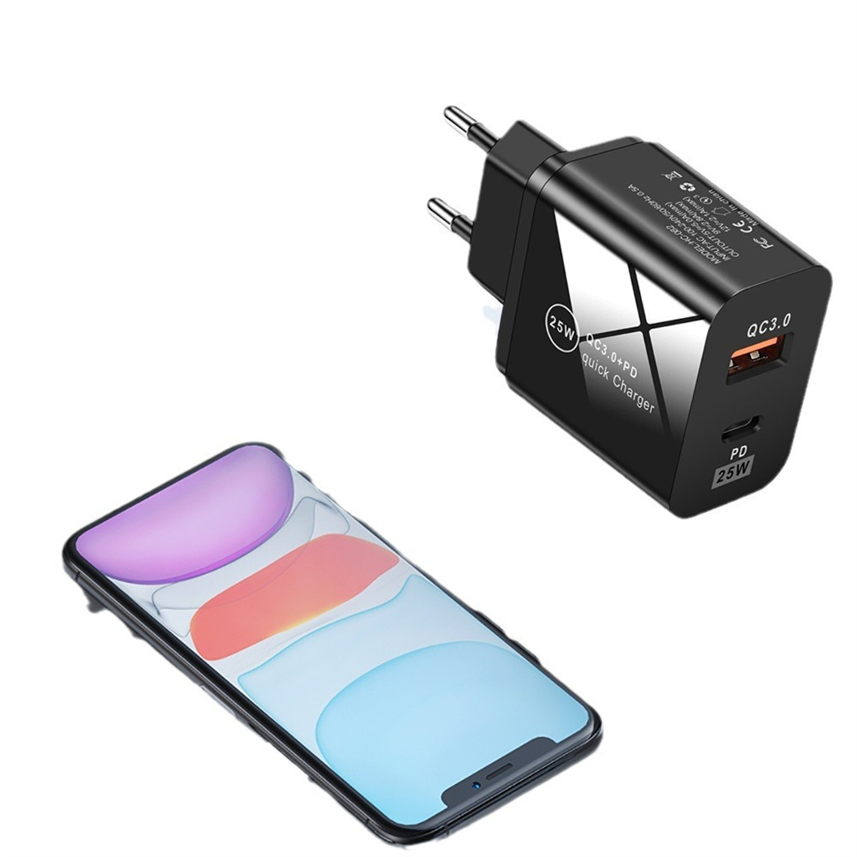 Ein schwarzes Telefon und ein schwarzes Ladegerät. Das Ladegerät hat einen USB-C-Anschluss und einen Ladestecker.