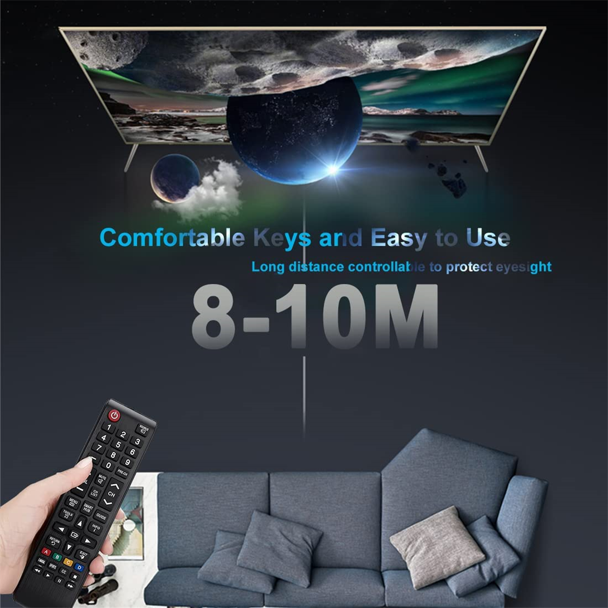 Eine Person hält eine Fernbedienung, ein großer Fernsehbildschirm und eine Couch in einem Wohnzimmer.