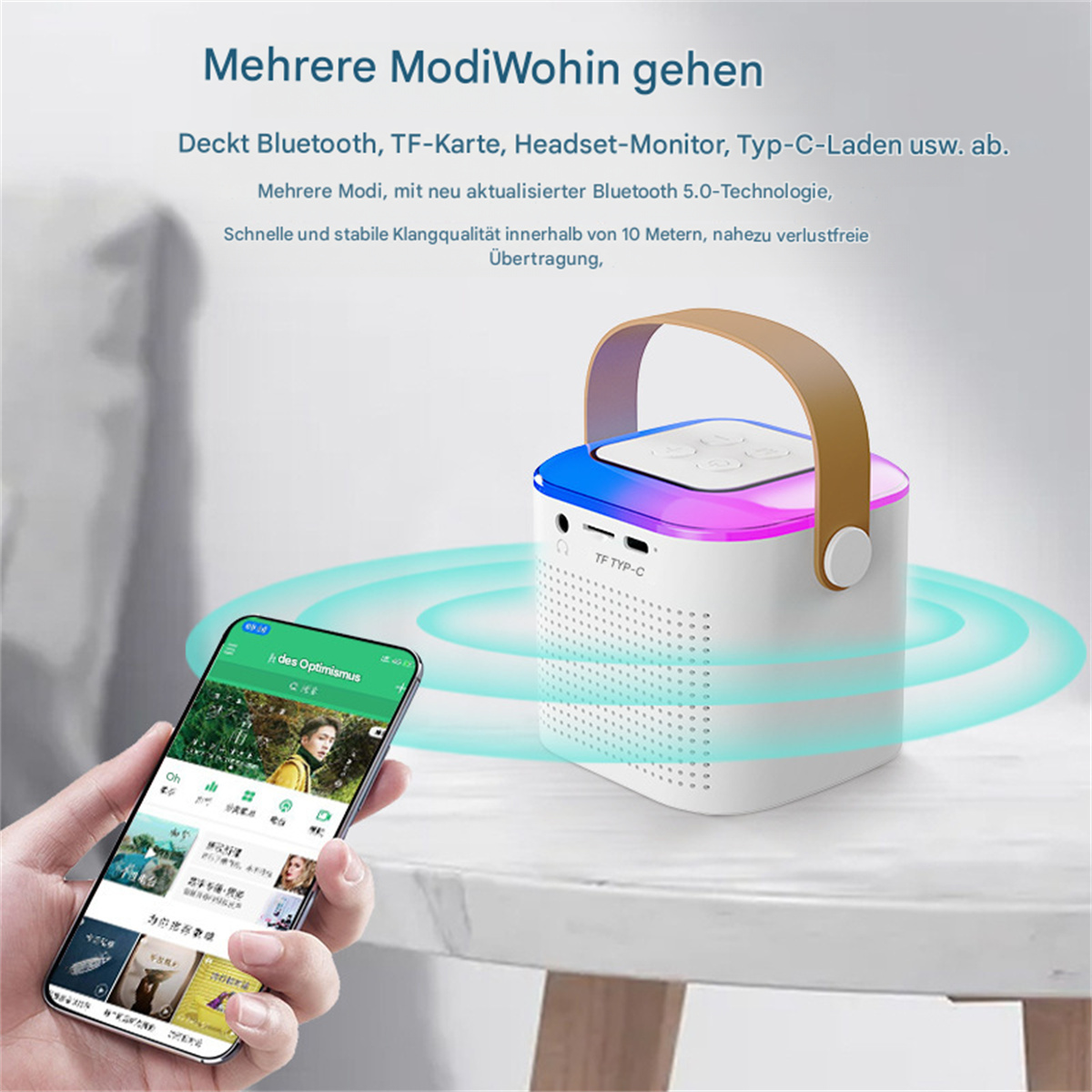 Ein tragbarer Lautsprecher mit Griff, ein Telefon, das eine App zeigt, und Text über die Funktionen.
