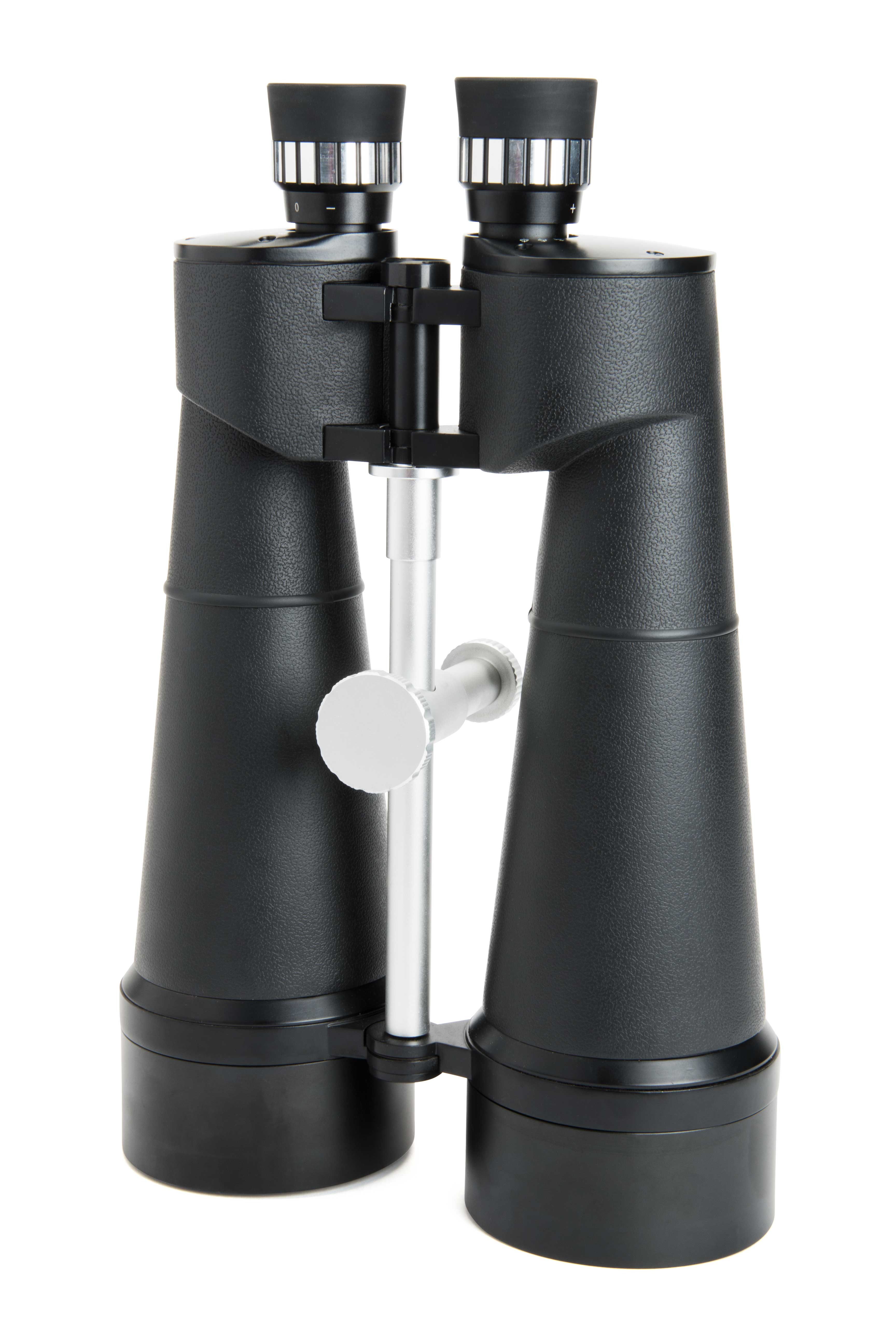 Großes schwarzes Fernglas. Sie stehen aufrecht vor weißem Hintergrund.