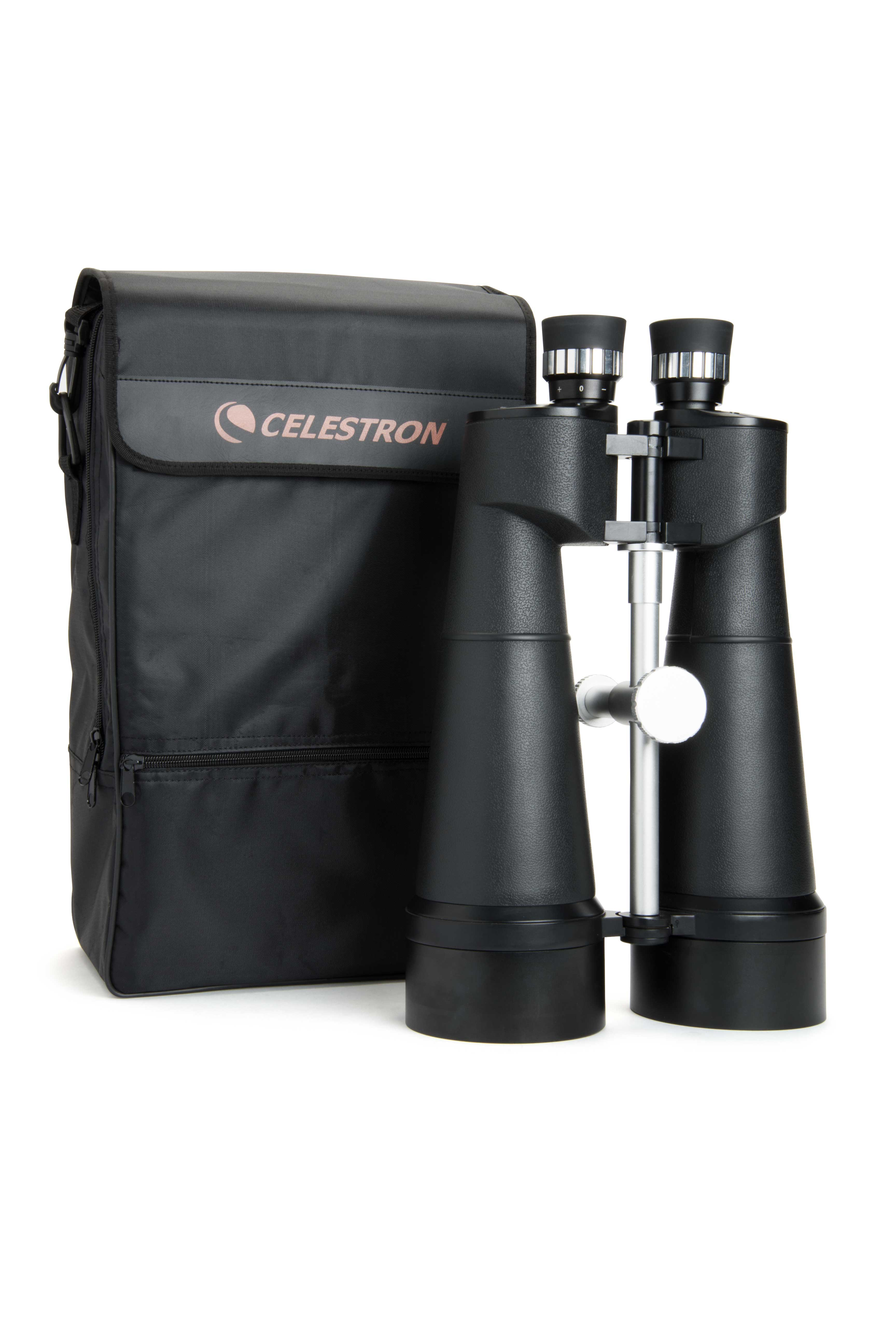 Schwarzes Fernglas und Tasche mit Celestron-Logo.
