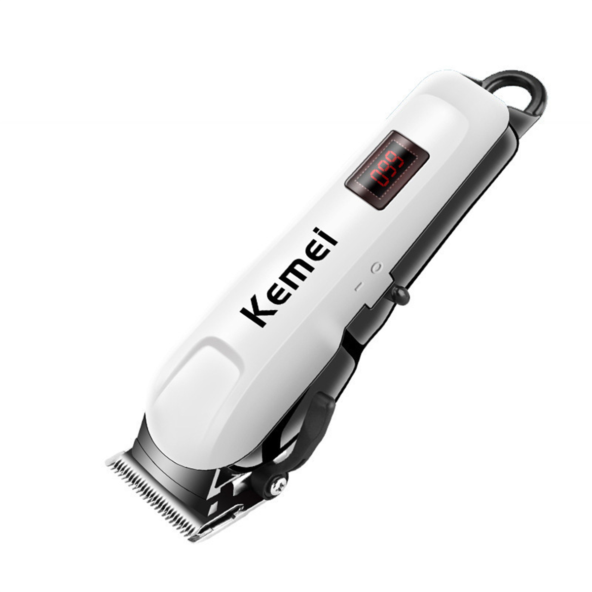 Weiß-schwarze Haarschneidemaschine mit digitaler Anzeige. Mit der Marke 'Kemei' auf dem Gehäuse. Pflegegerät.