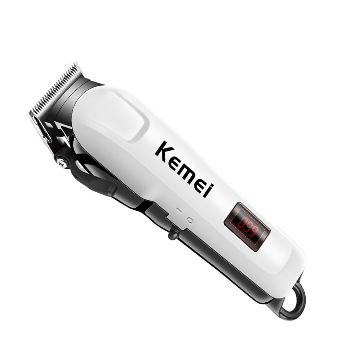 Weißer Kemei Haarschneider. Der Haarschneider hat eine Digitalanzeige.