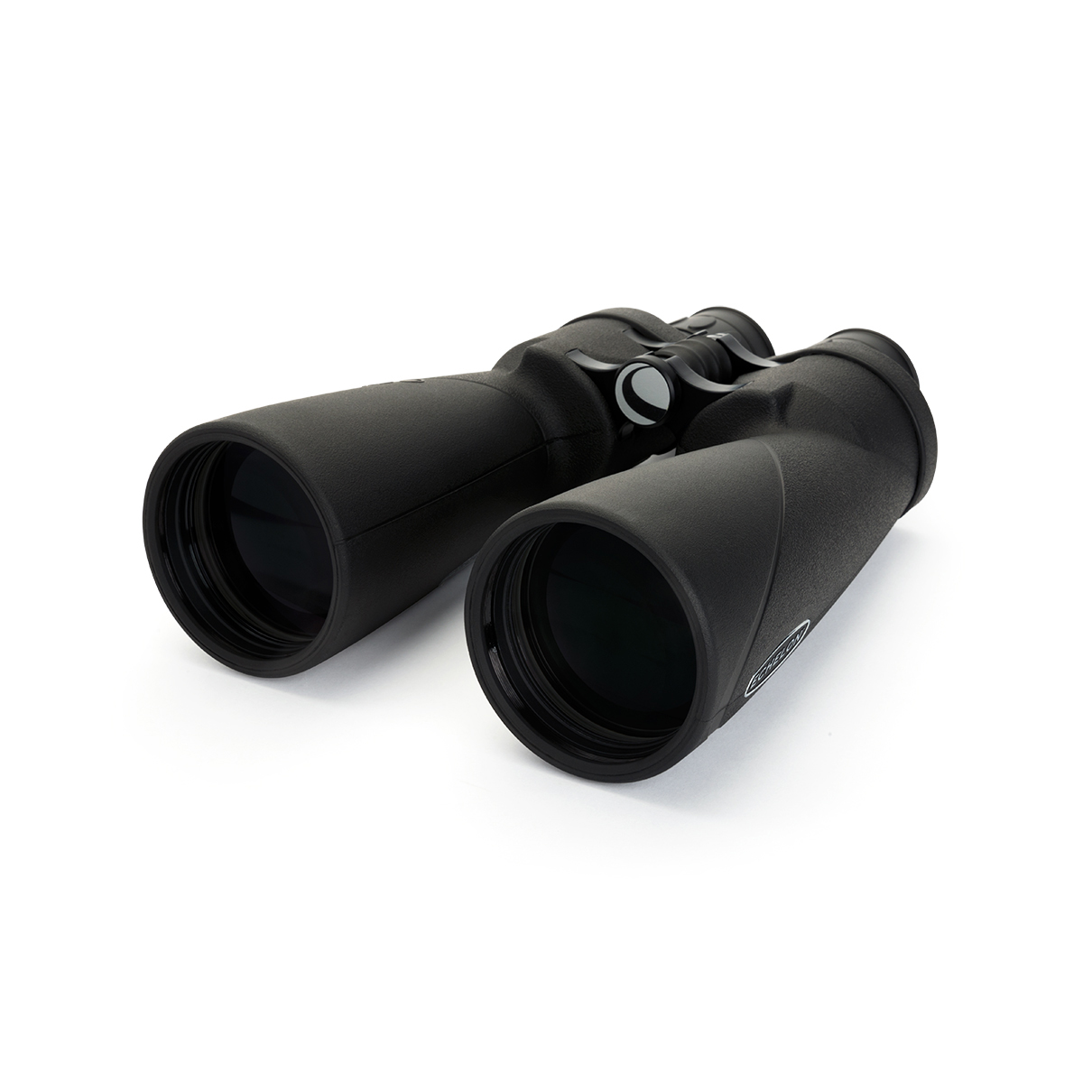 Schwarzes Fernglas auf weißem Hintergrund. Es gibt zwei Linsen und ein Fokusrad.