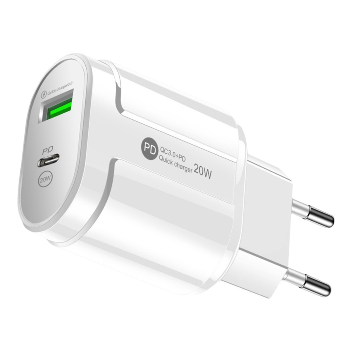 Weißes Ladegerät mit grünem Anschluss, beschriftet mit Quick Charger 3.0 und PD. 20W-Etikett sichtbar.