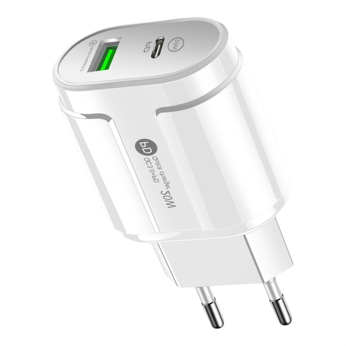 Weißes USB-Ladegerät mit zwei Anschlüssen. Mit '6D'-Logo und '30W'-Spezifikationen. Tragbarer Netzadapter.