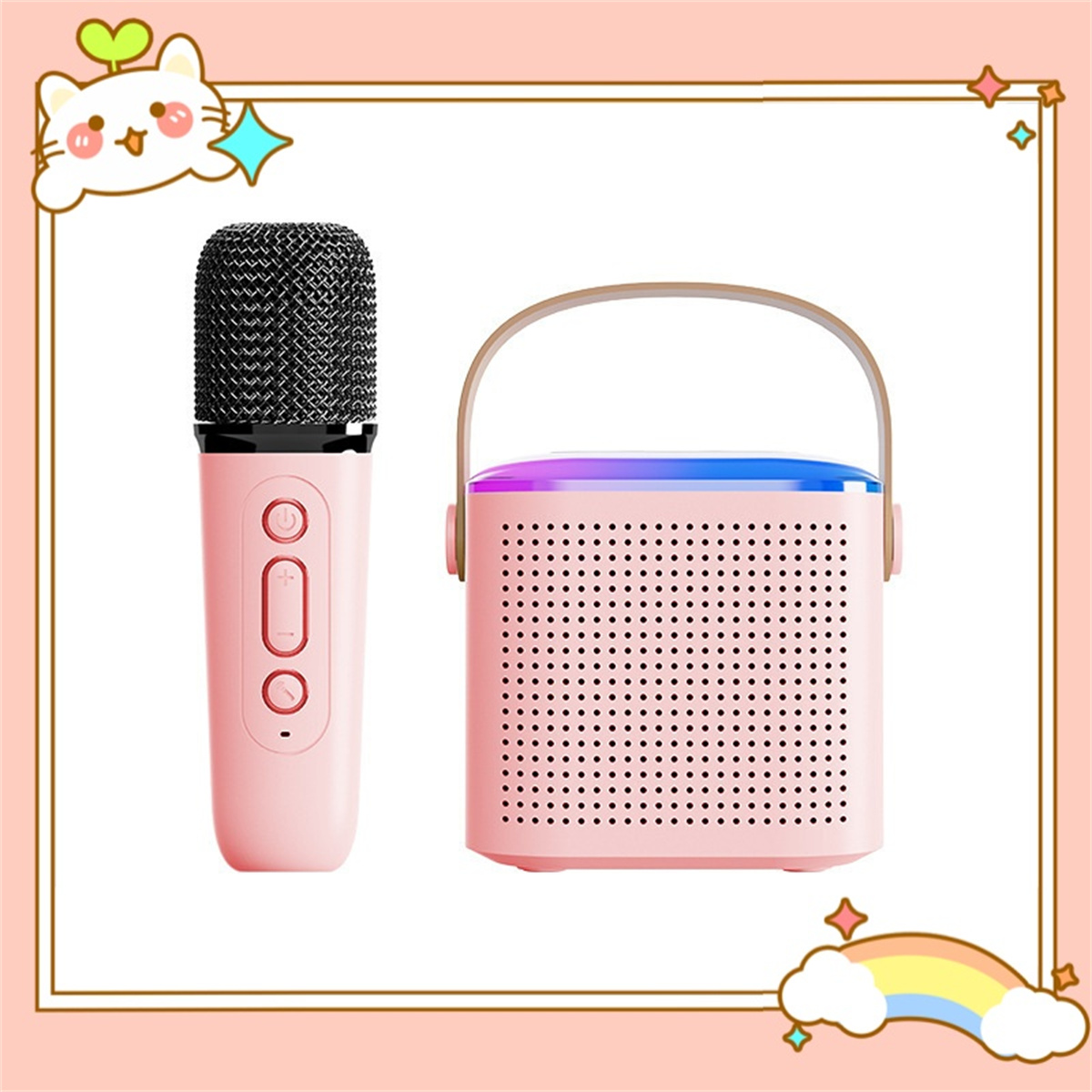 Ein rosa Karaoke-Mikrofon und -Lautsprecher. Der Lautsprecher hat einen Griff und farbwechselnde Lichter.