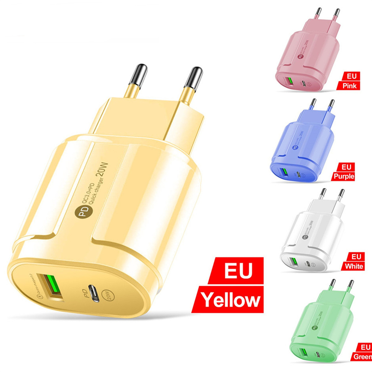 Ein gelbes EU-Ladegerät mit grünem USB-Anschluss. Mehrere Ladegeräte in Pink, Lila, Weiß und Grün.