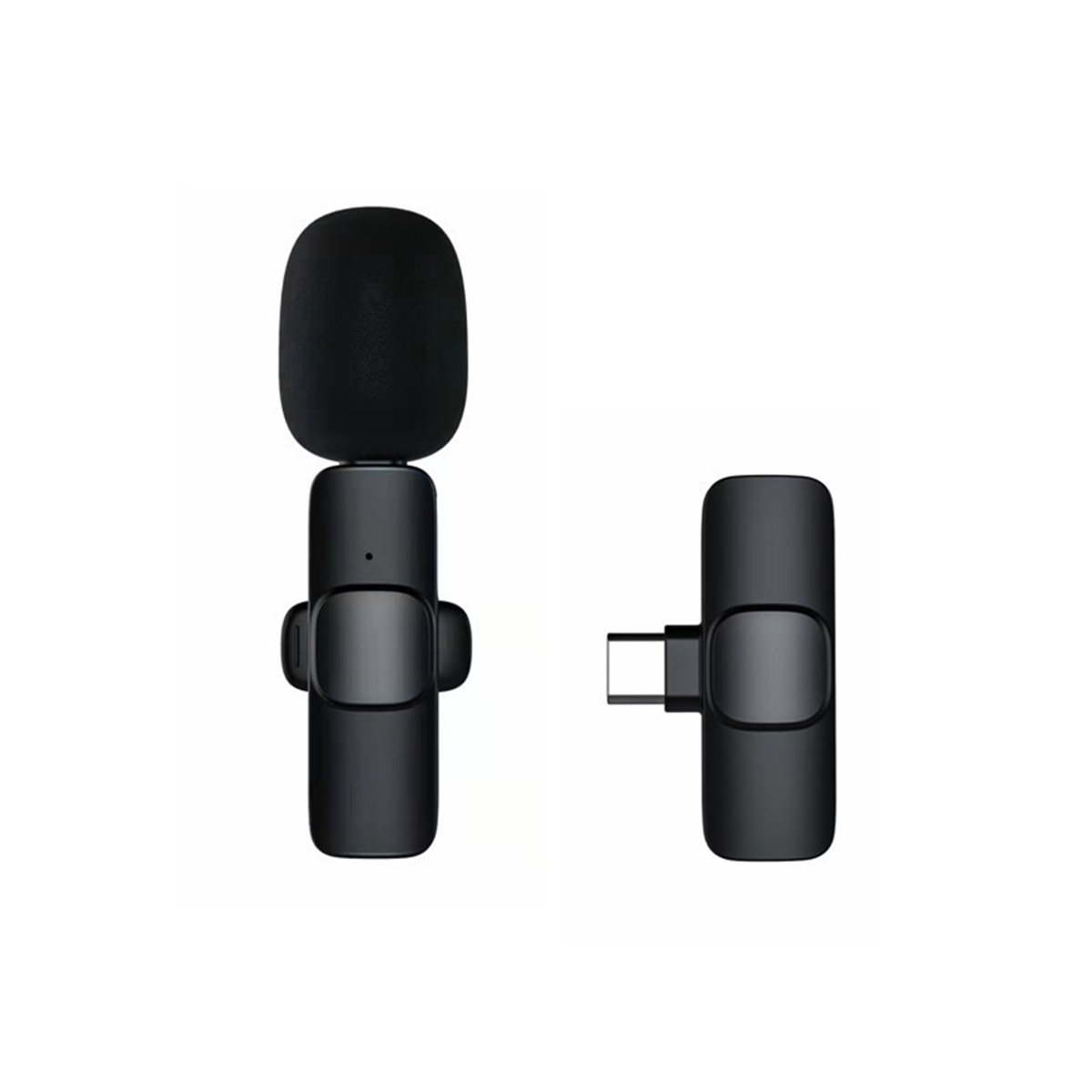 Ein schwarzes Mikrofon- und Empfängerset. Der Empfänger hat einen USB-C-Anschluss.