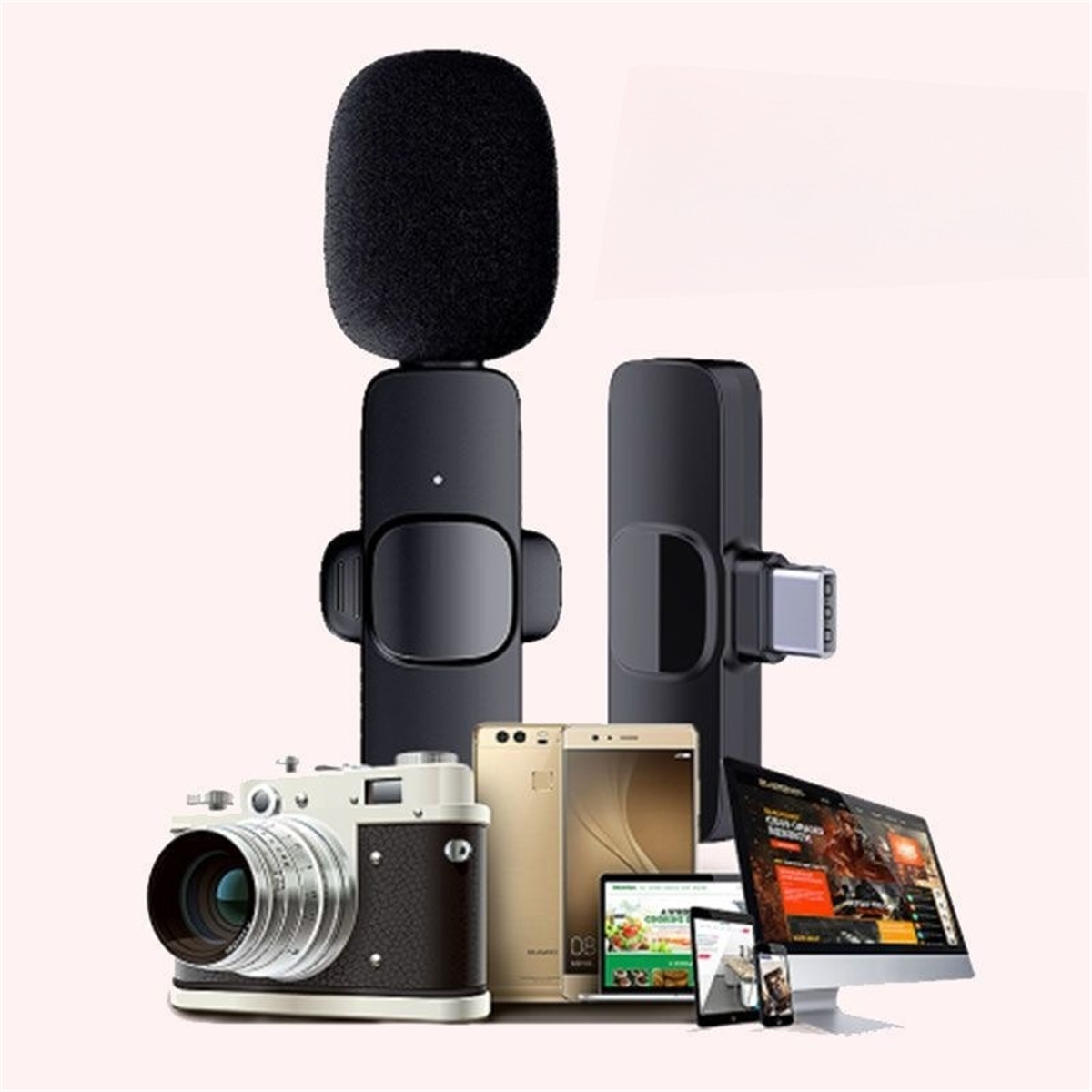 Mikrofon und Zubehör, Kamera, Telefone und Monitor auf weißem Hintergrund.