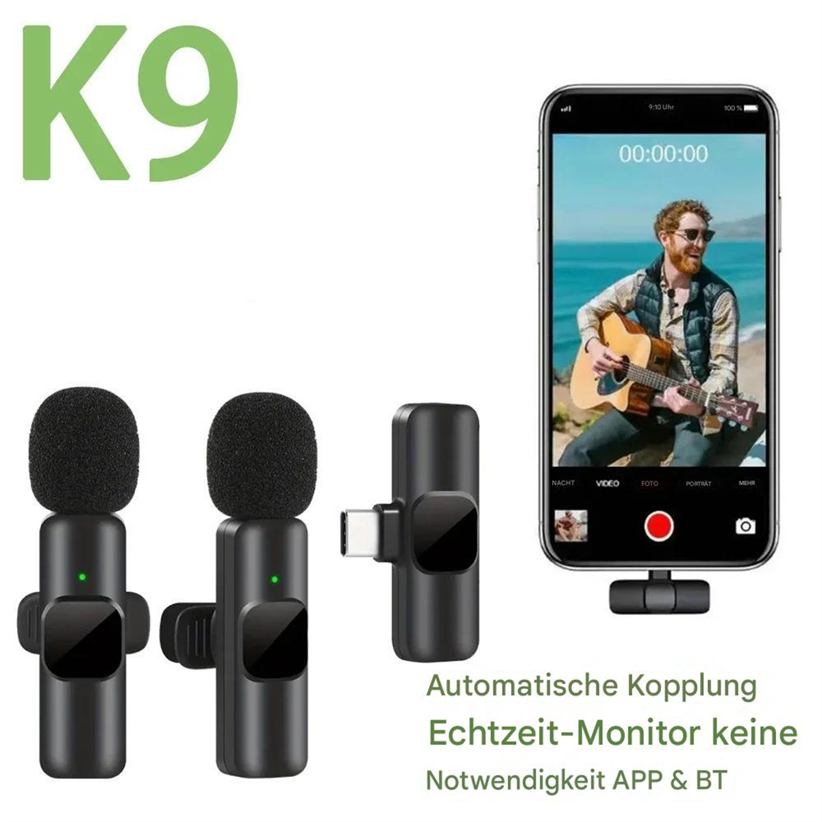Drahtlose Mikrofone und ein Telefon, das einen Mann beim Gitarrenspiel zeigt. Text auf Deutsch ist sichtbar.