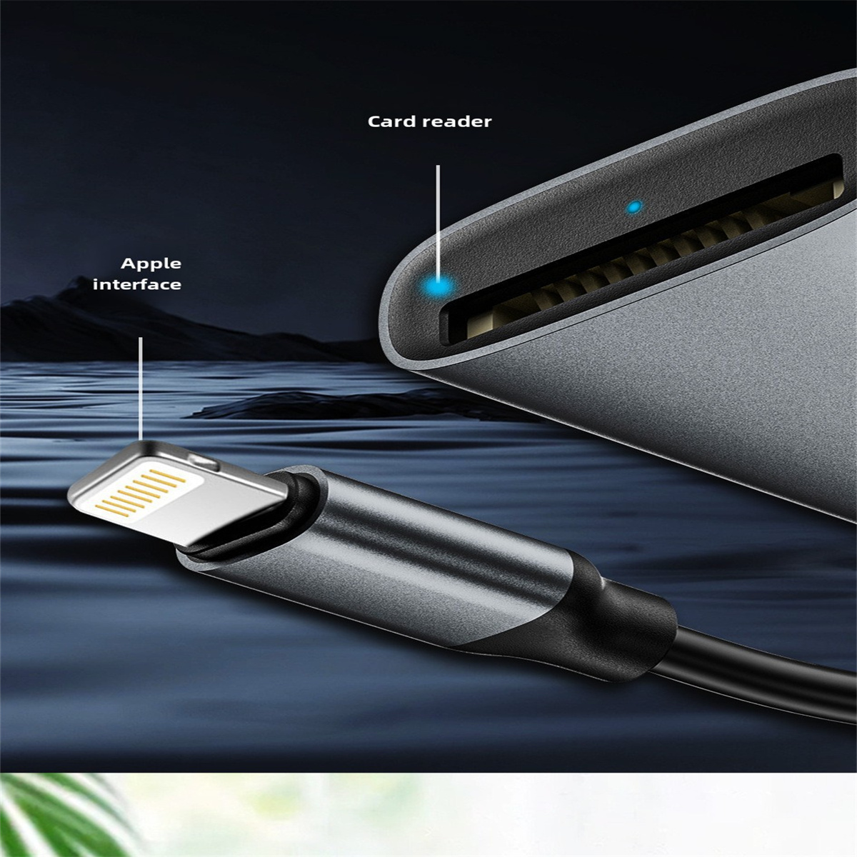 USB-C-zu-Lightning-Kabel. Apple-Schnittstelle und Kartenleser sind beschriftet. Dunkelblauer Hintergrund.
