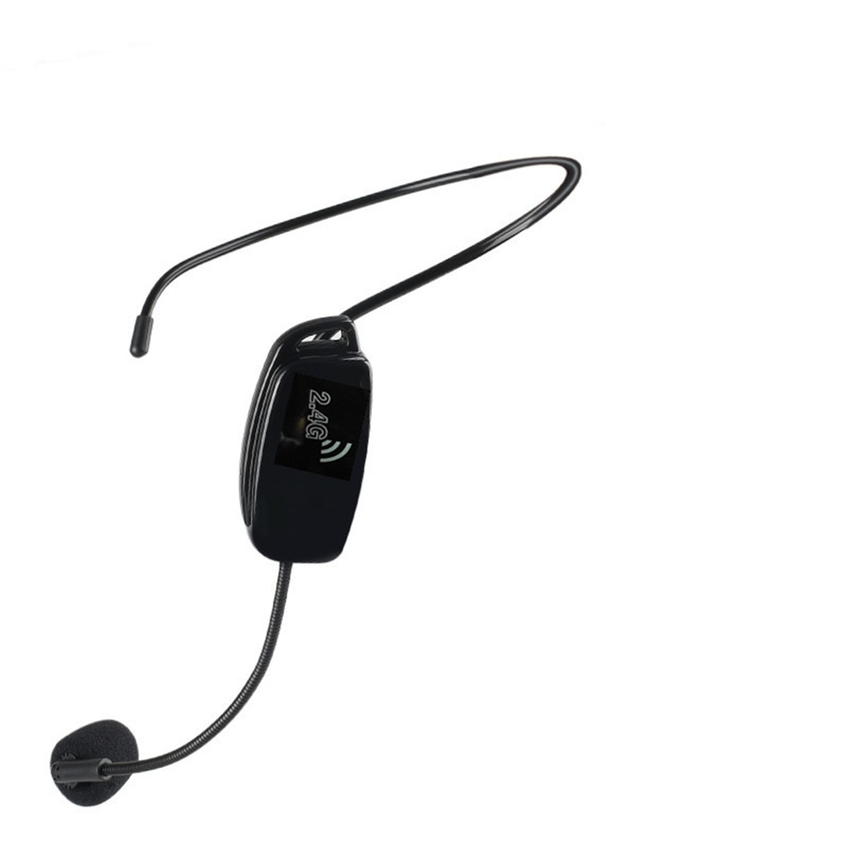 Schwarzes drahtloses Headset. Es hat ein Mikrofon und ein 2.4G-Logo.