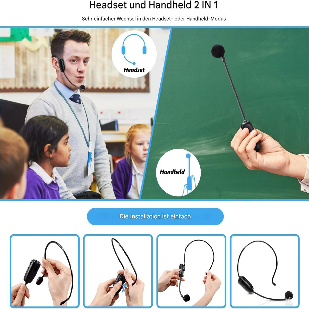 Mann mit Headset, unterrichtet Kinder. Diagramm zeigt Headset- und Handheld-Modi. Installationsschritte sind unten gezeigt.