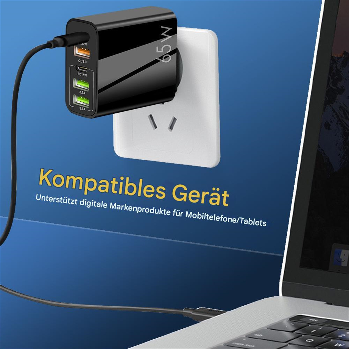 Ein schwarzes Ladegerät mit mehreren Anschlüssen, das in eine Steckdose gesteckt ist.