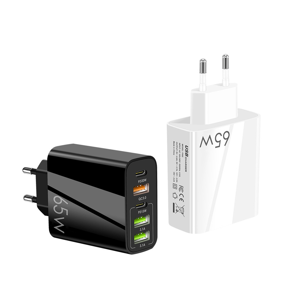 Zwei weiße und schwarze USB-Ladegeräte. Eines schwarz, eines weiß. Beide sind 65W-Ladegeräte.