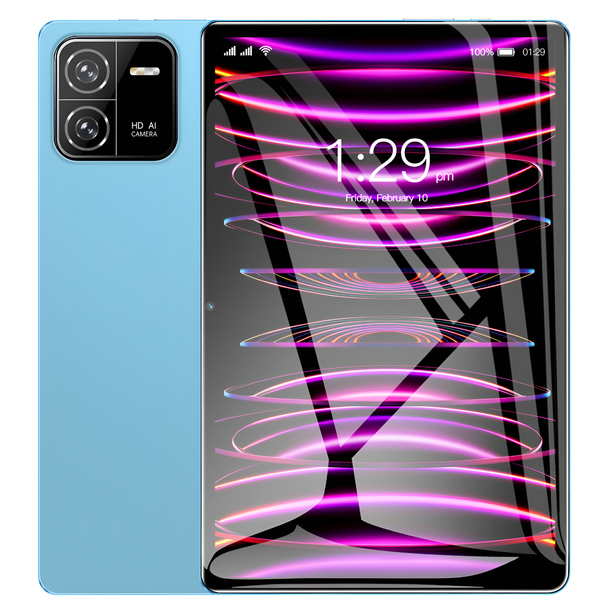 Blaues Smartphone mit großem Bildschirm, der Zeit und Grafiken anzeigt. Kamera auf der Rückseite.