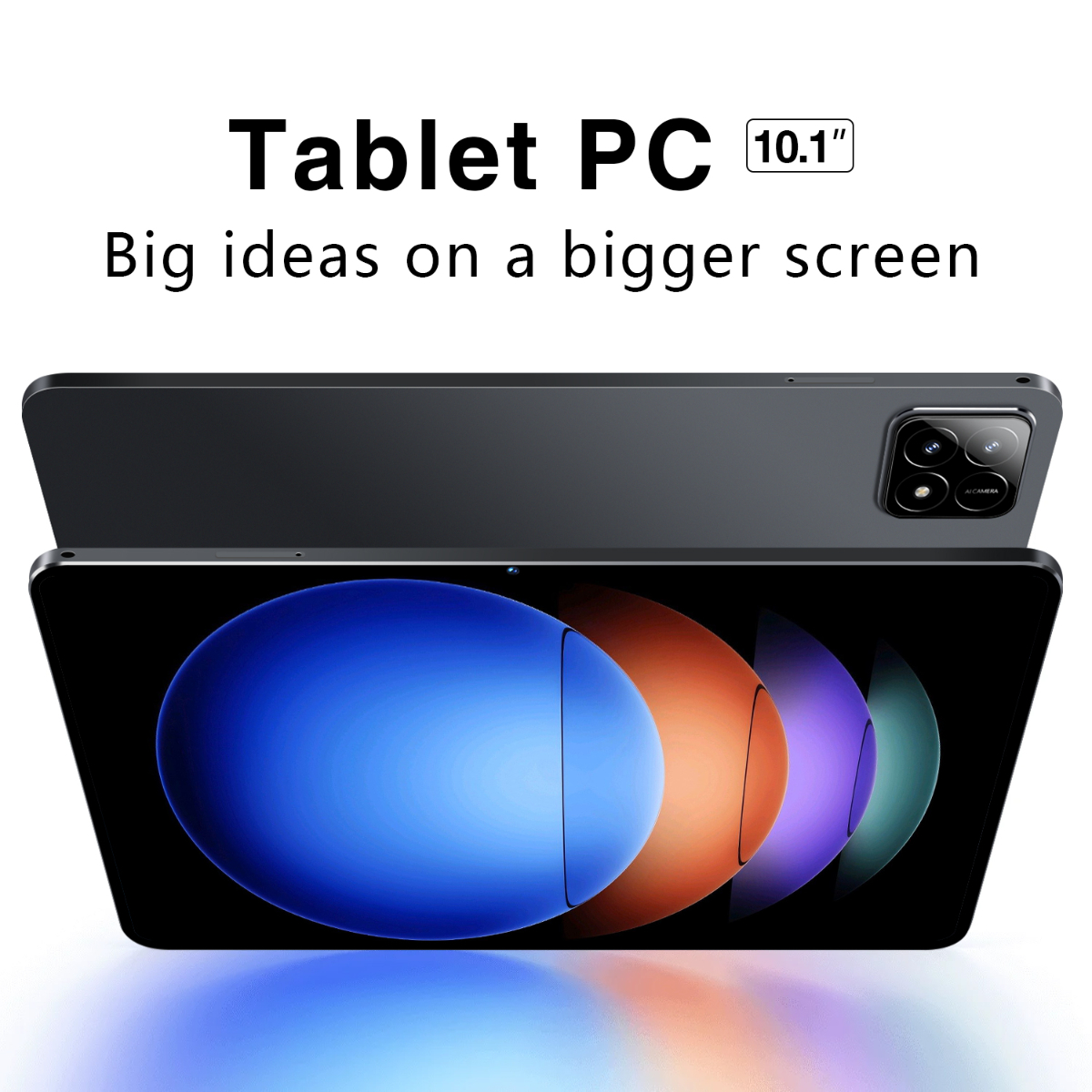 Ein schwarzes Tablet mit dunklem Display. Die Draufsicht zeigt die Rückseite mit Kamera.