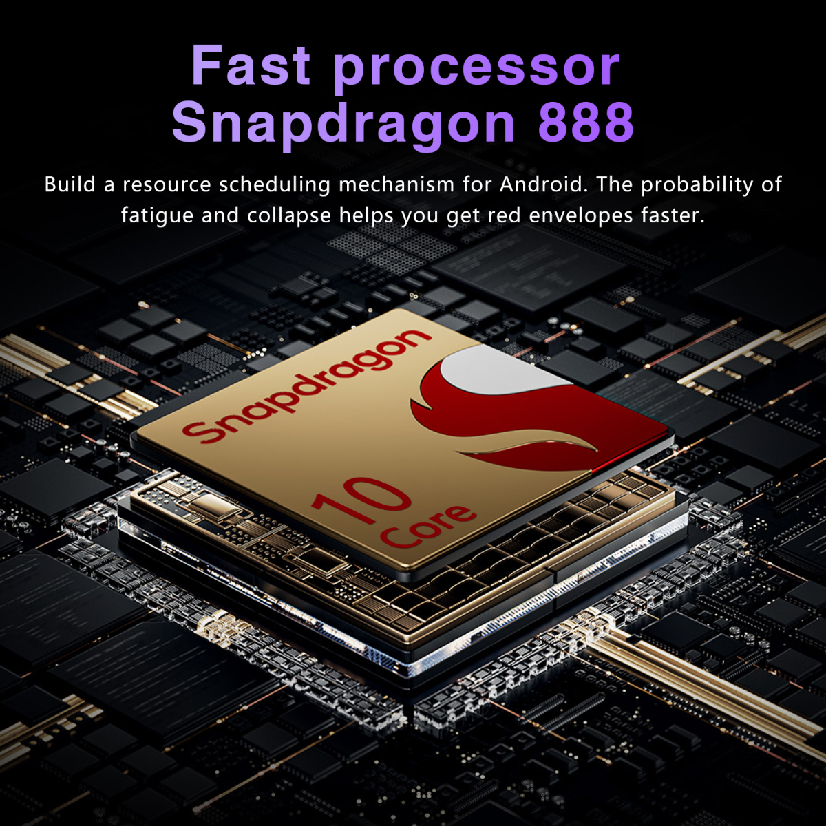 Nahaufnahme eines Prozessors, golden mit roten Details, auf einer Platine. Text: 'Snapdragon 888'.