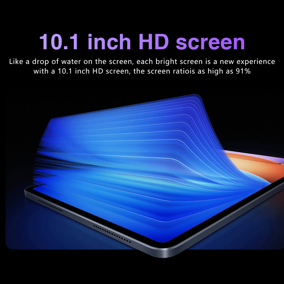 Ein Tablet-Bildschirm zeigt Text: 10,1 Zoll HD-Bildschirm. Der Bildschirm zeigt blaue Wellen.