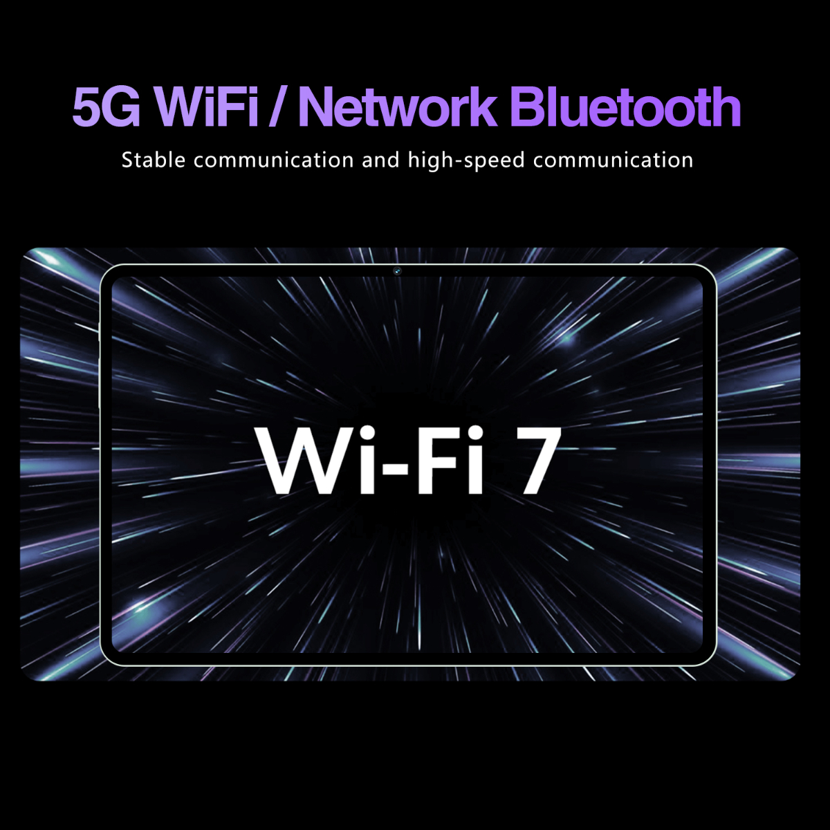 Digitalanzeige mit Wi-Fi 7 Text und Netzwerk- und Bluetooth-Text vor verschwommenem Hintergrund.