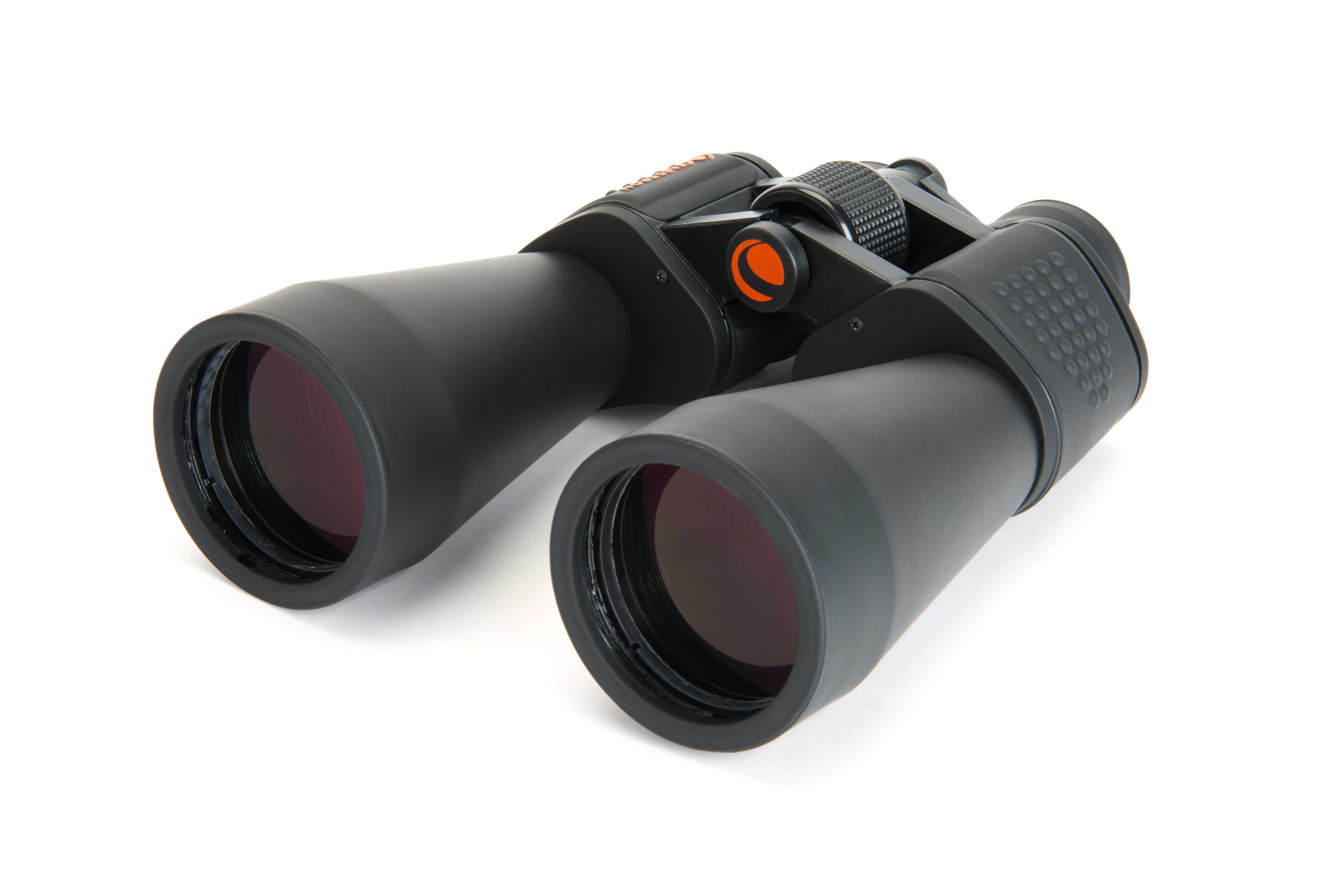 Schwarzes Fernglas mit orangefarbenen Akzenten. Fokusrad, Linsen und Details sind sichtbar.