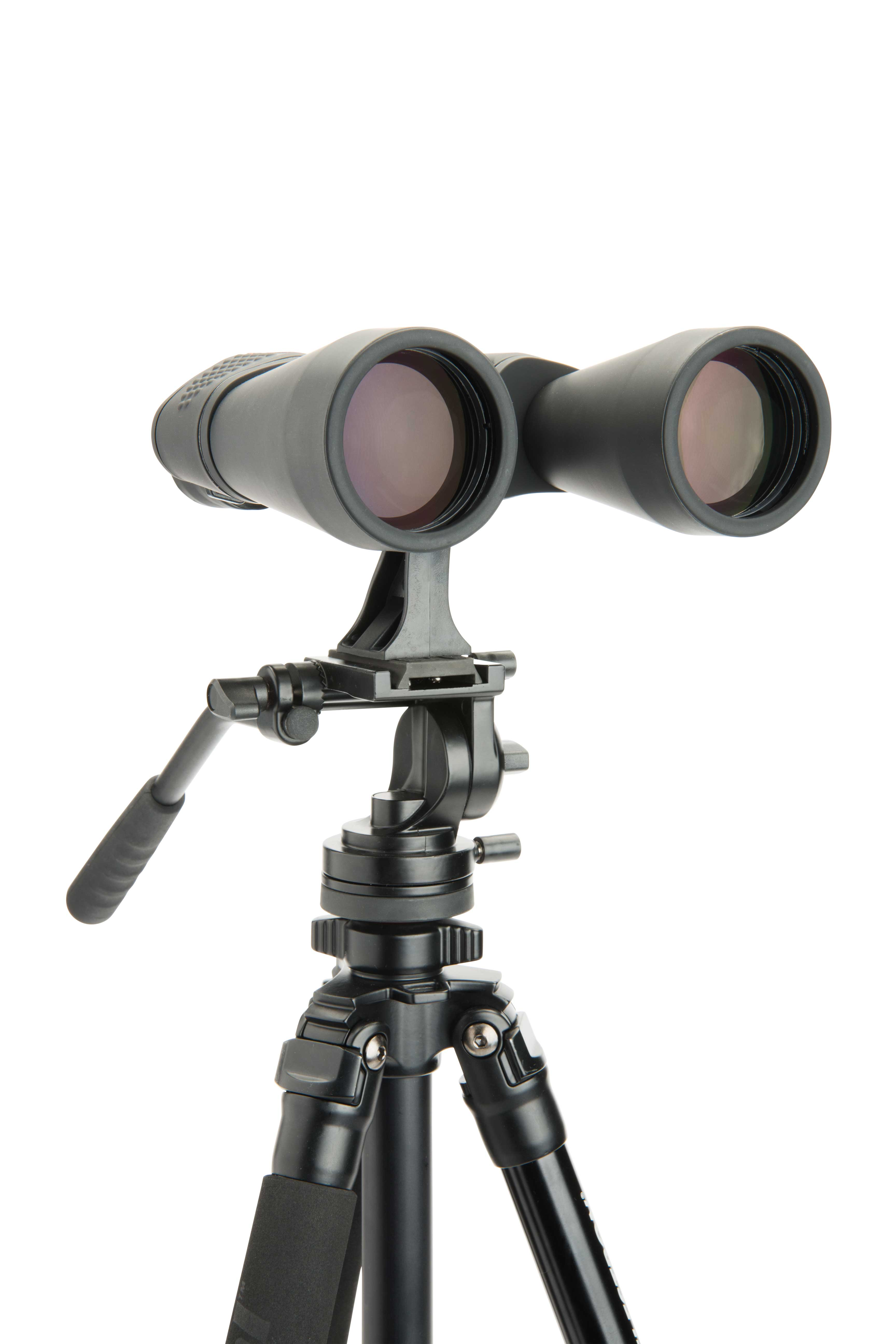 Schwarzes Fernglas auf Stativ, weißer Hintergrund.