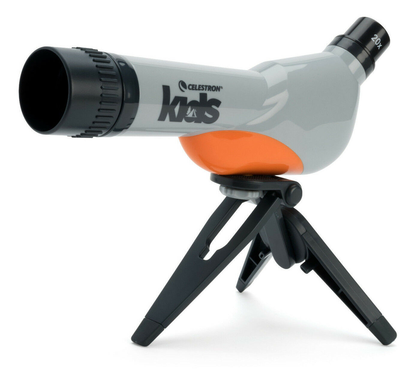 Graues und oranges Celestron Kids Teleskop auf schwarzem Stativ, vor weißem Hintergrund.