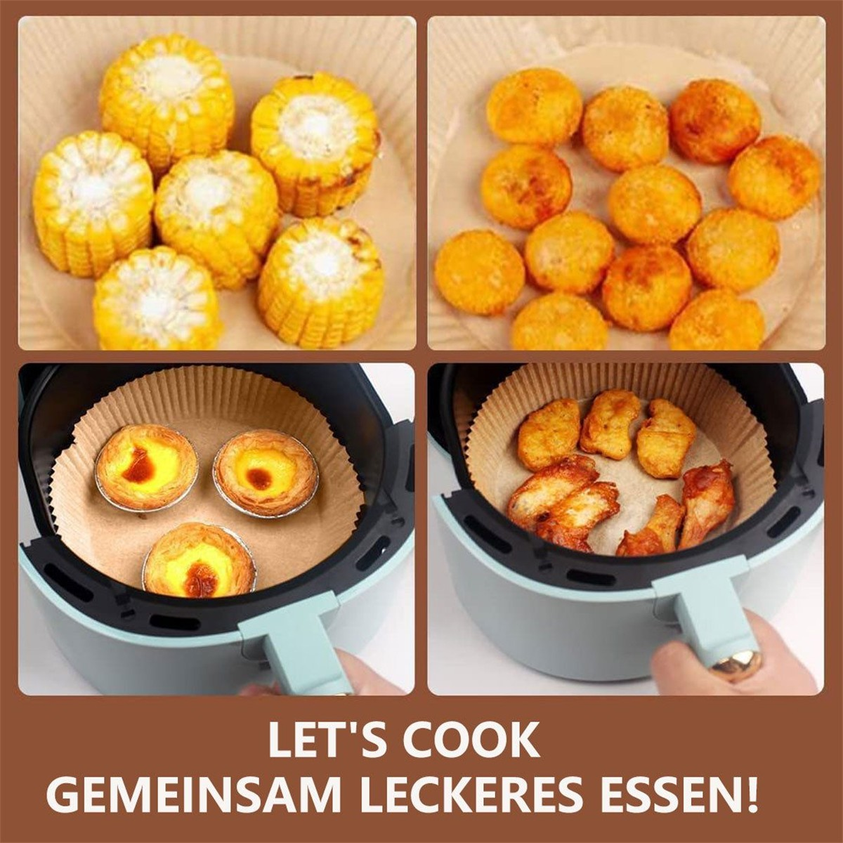 Eine Auswahl an gekochten Speisen, darunter Mais, frittierte Bällchen und Törtchen im Kochgerät.