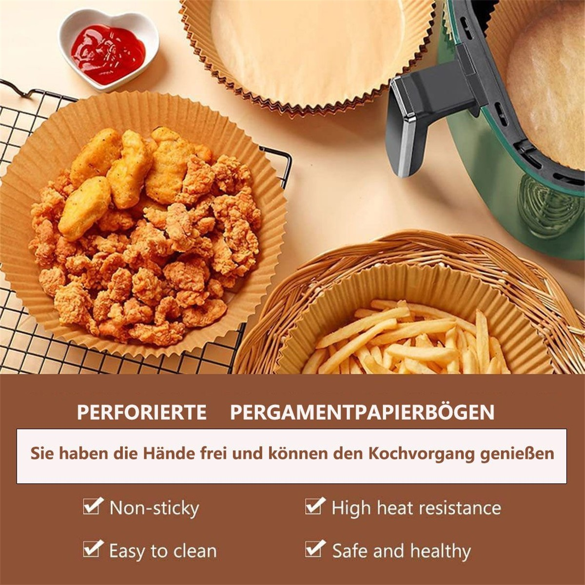 Frittiertes Essen in Papierbechern und eine Fritteuse, mit Text zu Eigenschaften.