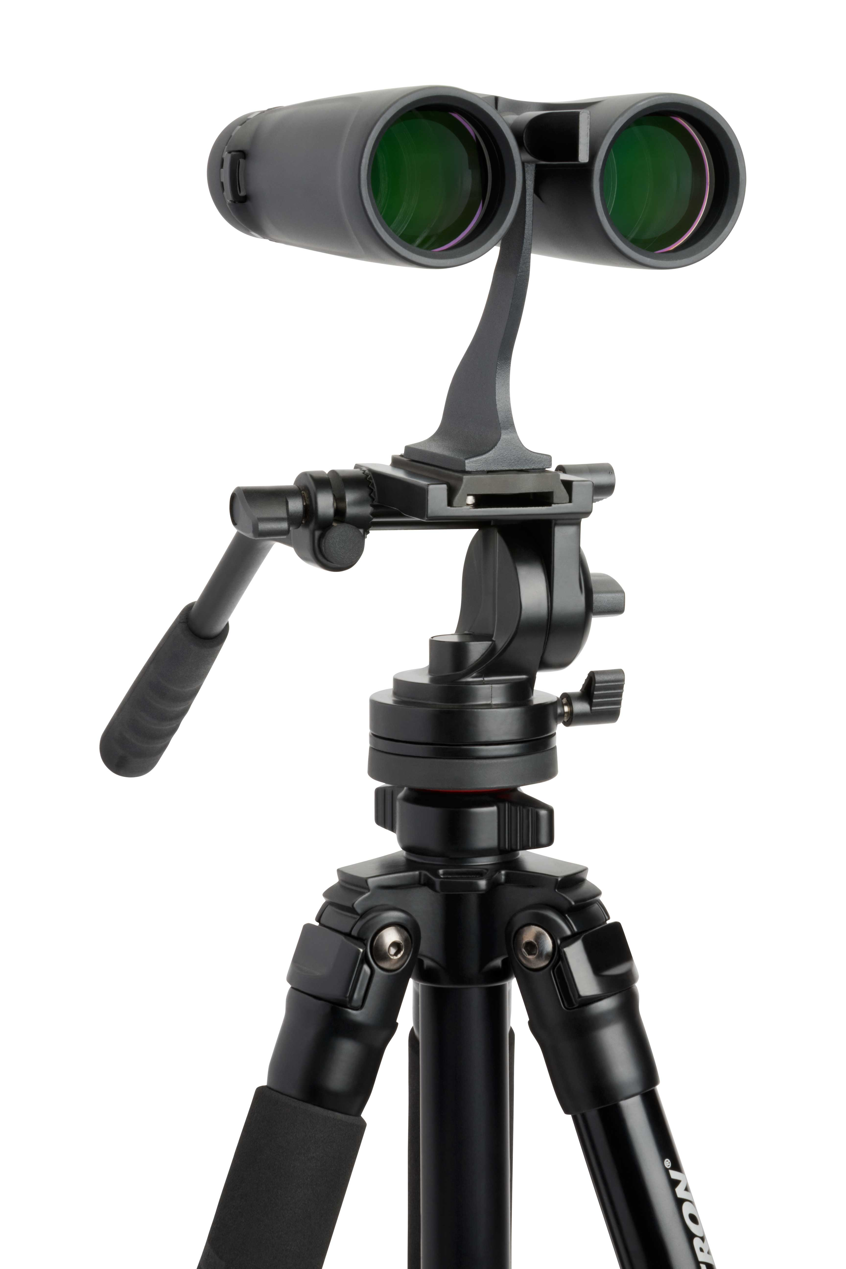 Schwarzes Fernglas auf Stativ montiert. Enthält einen Griff und mehrere Einstellpunkte.