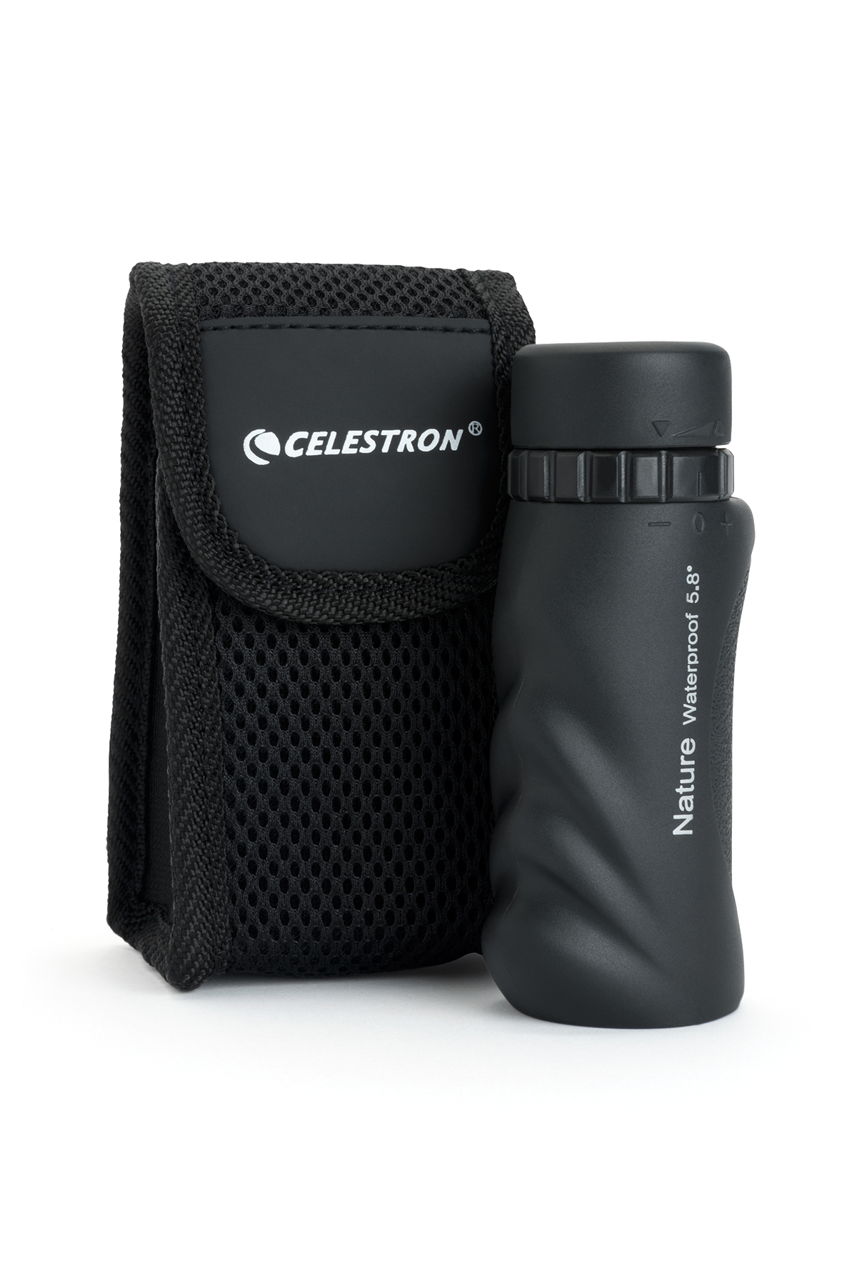 Schwarzes Monokular und Etui. Text 'Celestron' auf dem Etui. Weißer Hintergrund.
