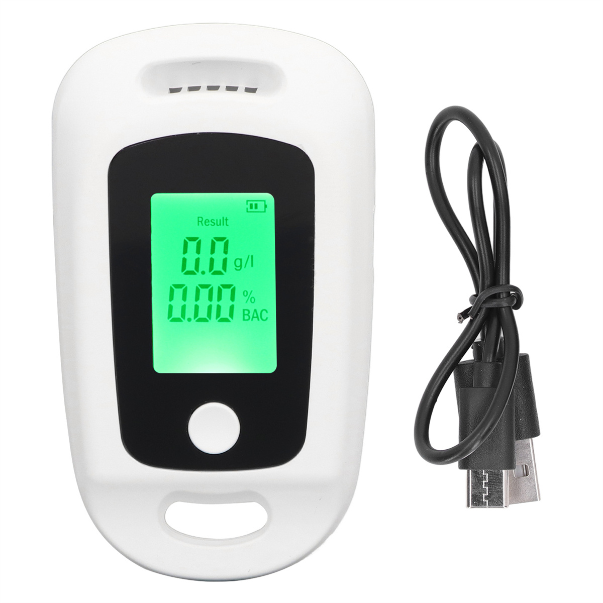 Ein weißes Alkoholmessgerät mit Digitalanzeige, die 0,0 g/l und 0,00 % BAC anzeigt.