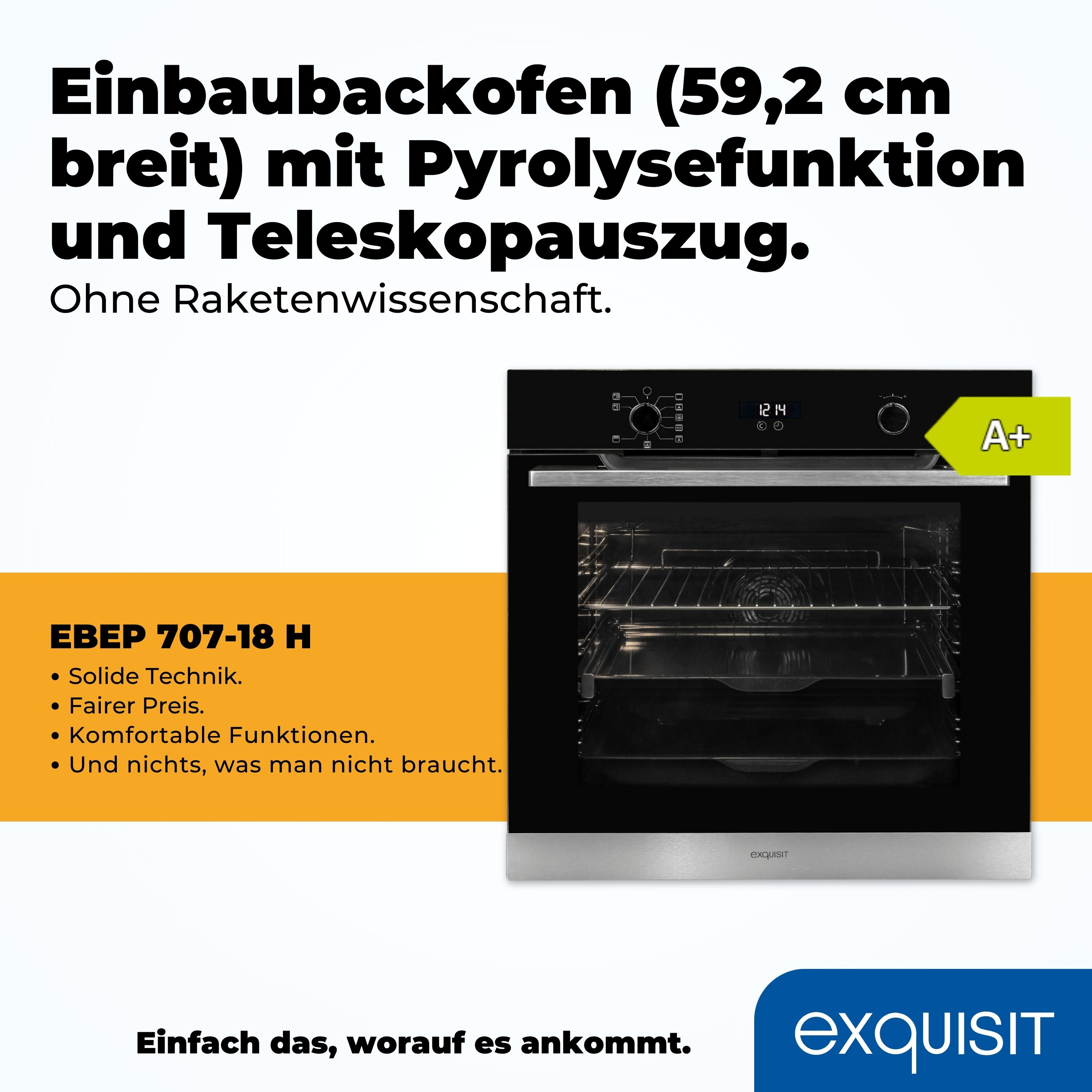 Ein schwarzer Ofen mit silbernem Boden. Text auf Deutsch. Ein A+-Energielabel ist sichtbar.