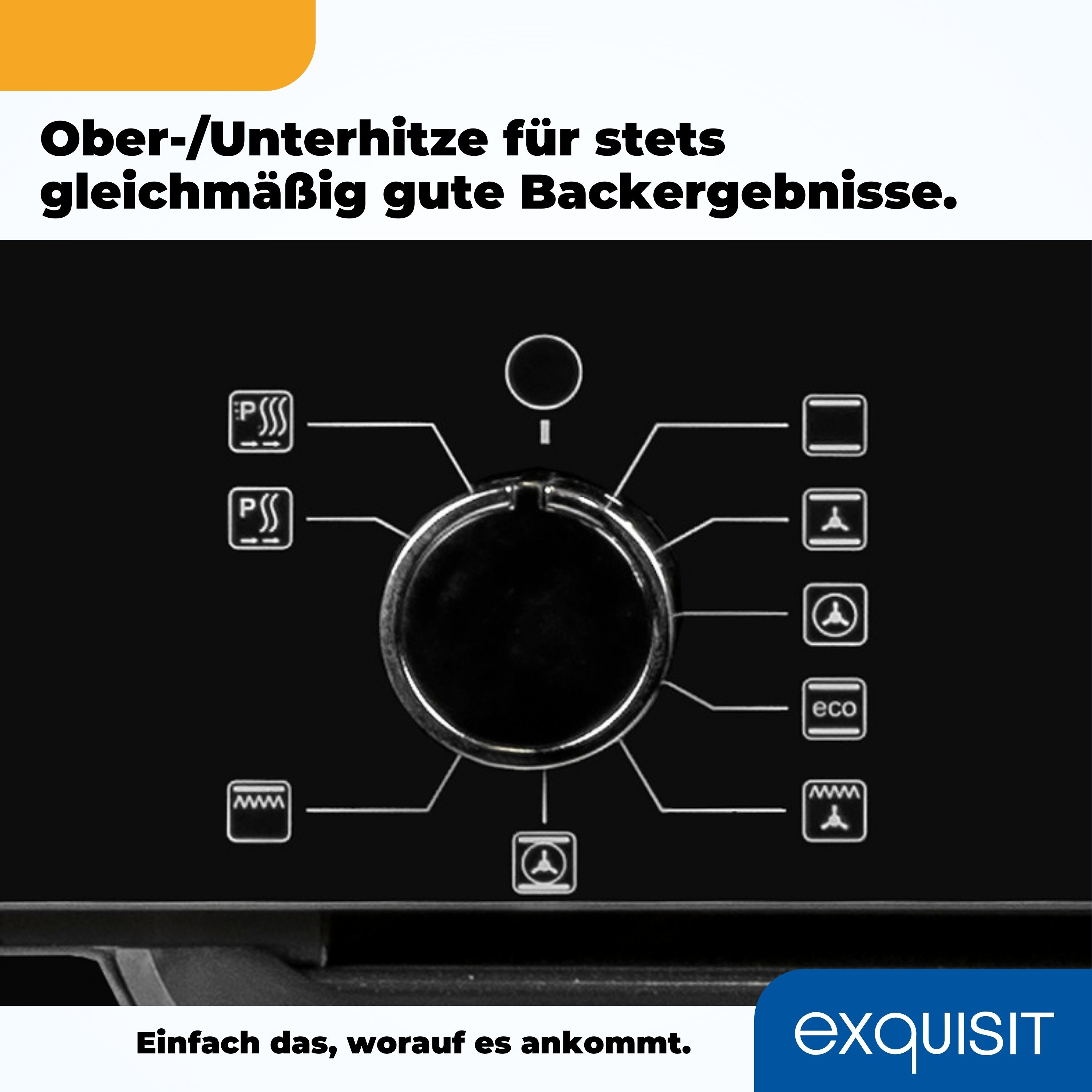 Nahaufnahme eines schwarzen Ofenbedienfelds mit zentralem Drehknopf und verschiedenen Symbol-Icons.
