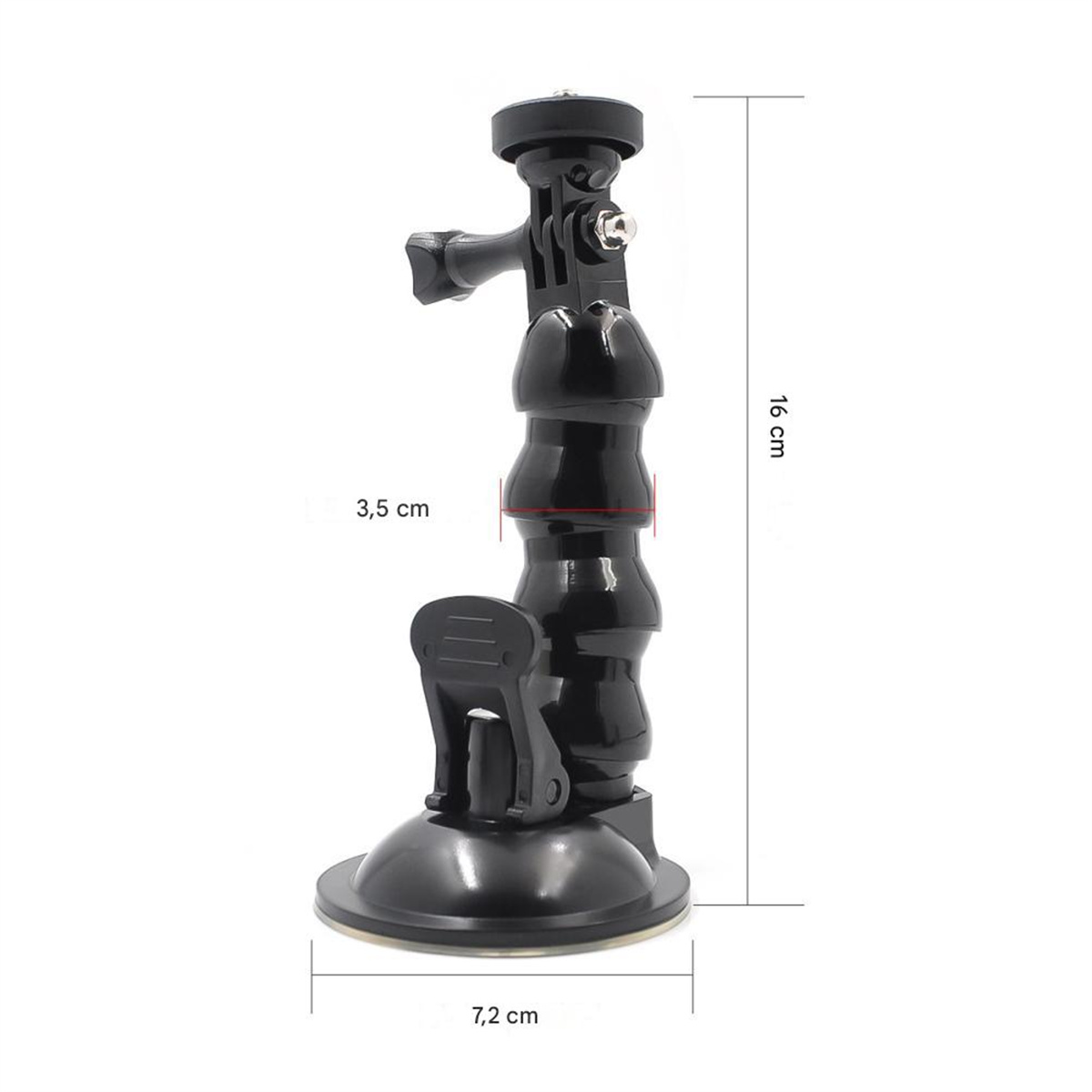 Schwarze flexible Kamerahalterung mit Saugnapfbasis und Maßangaben.